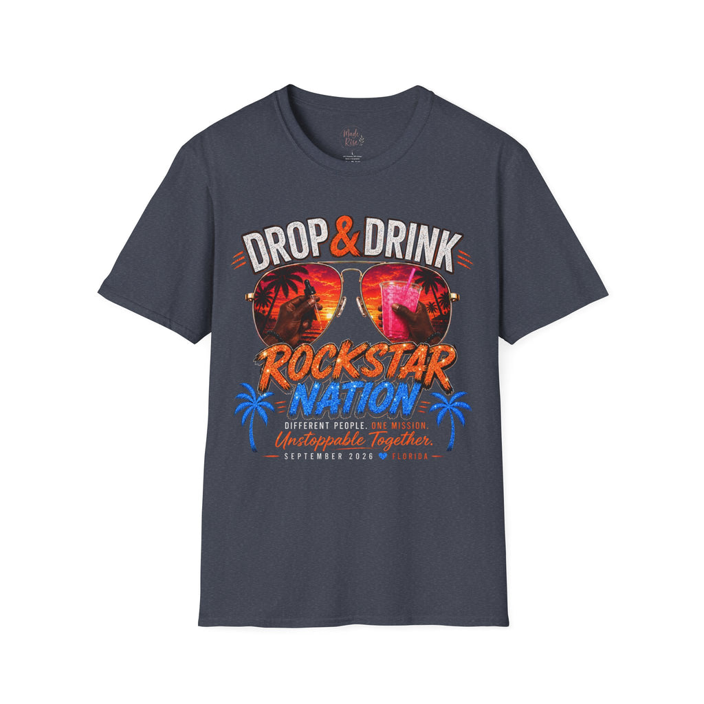Dark Complexion (Men) Rockstar Team Shirt  —White Drop & Drink  Florida Retro Palm Sunset Graphic