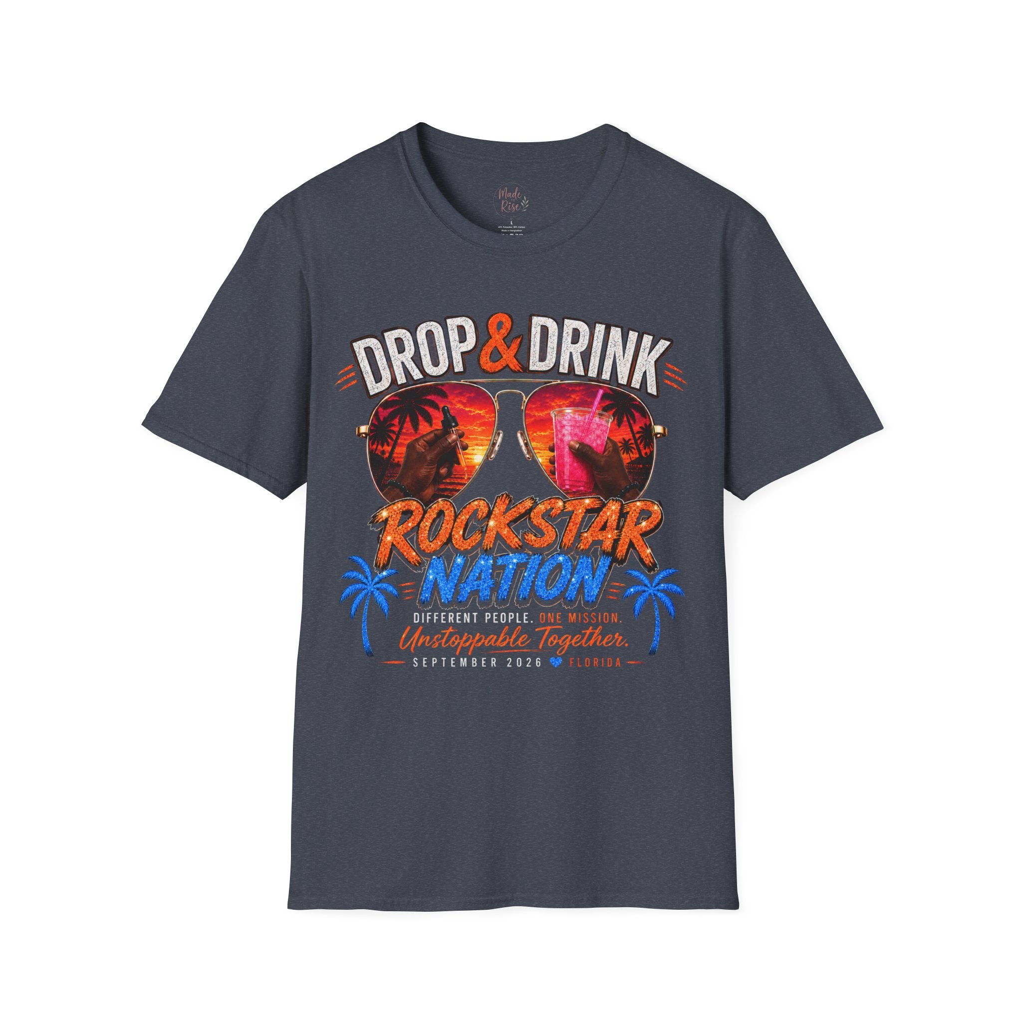 Dark Complexion (Men) Rockstar Team Shirt  —White Drop & Drink  Florida Retro Palm Sunset Graphic