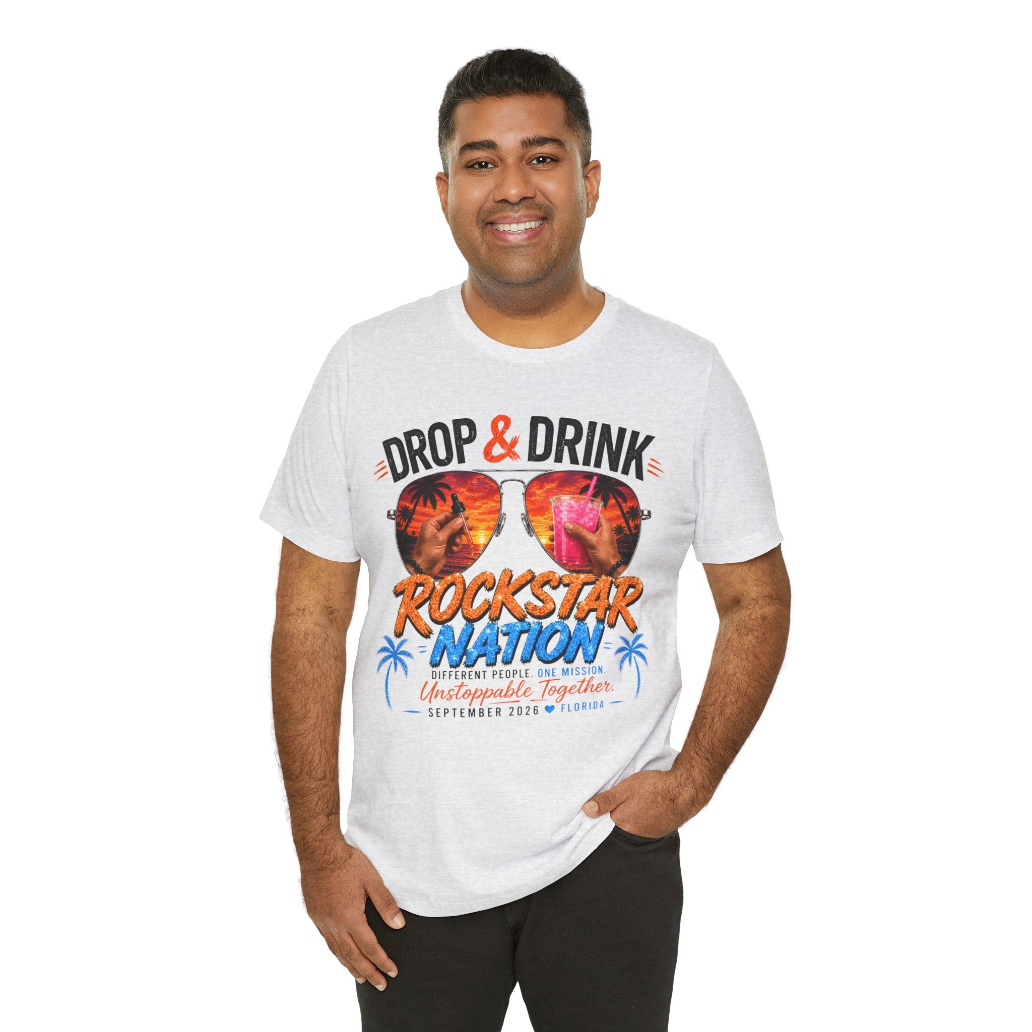 Team Drop & Drink Beach T‑Shirt – Most Likely to Change Lives Sunglasses Graphic