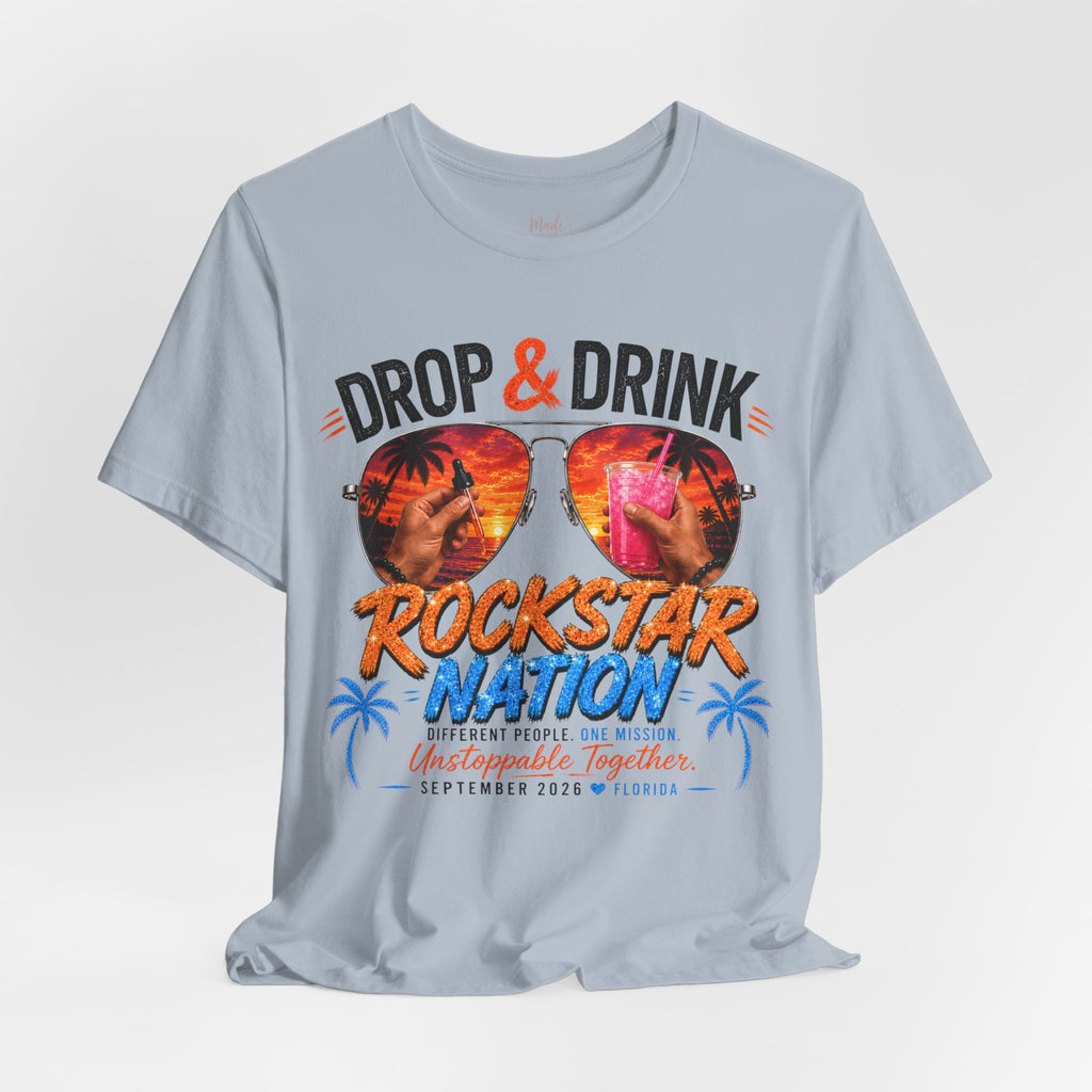 Team Drop & Drink Beach T‑Shirt – Most Likely to Change Lives Sunglasses Graphic