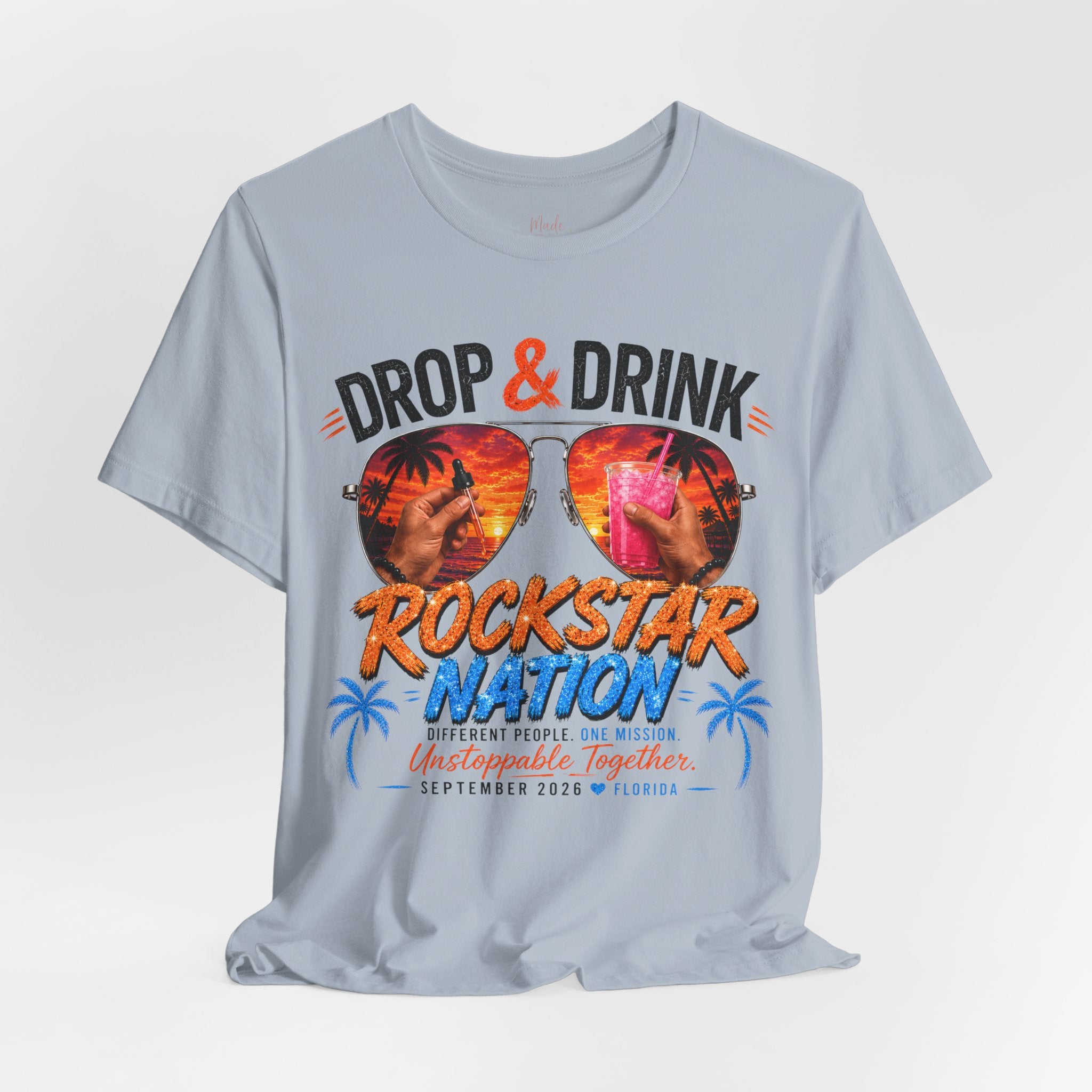 Team Drop & Drink Beach T‑Shirt – Most Likely to Change Lives Sunglasses Graphic