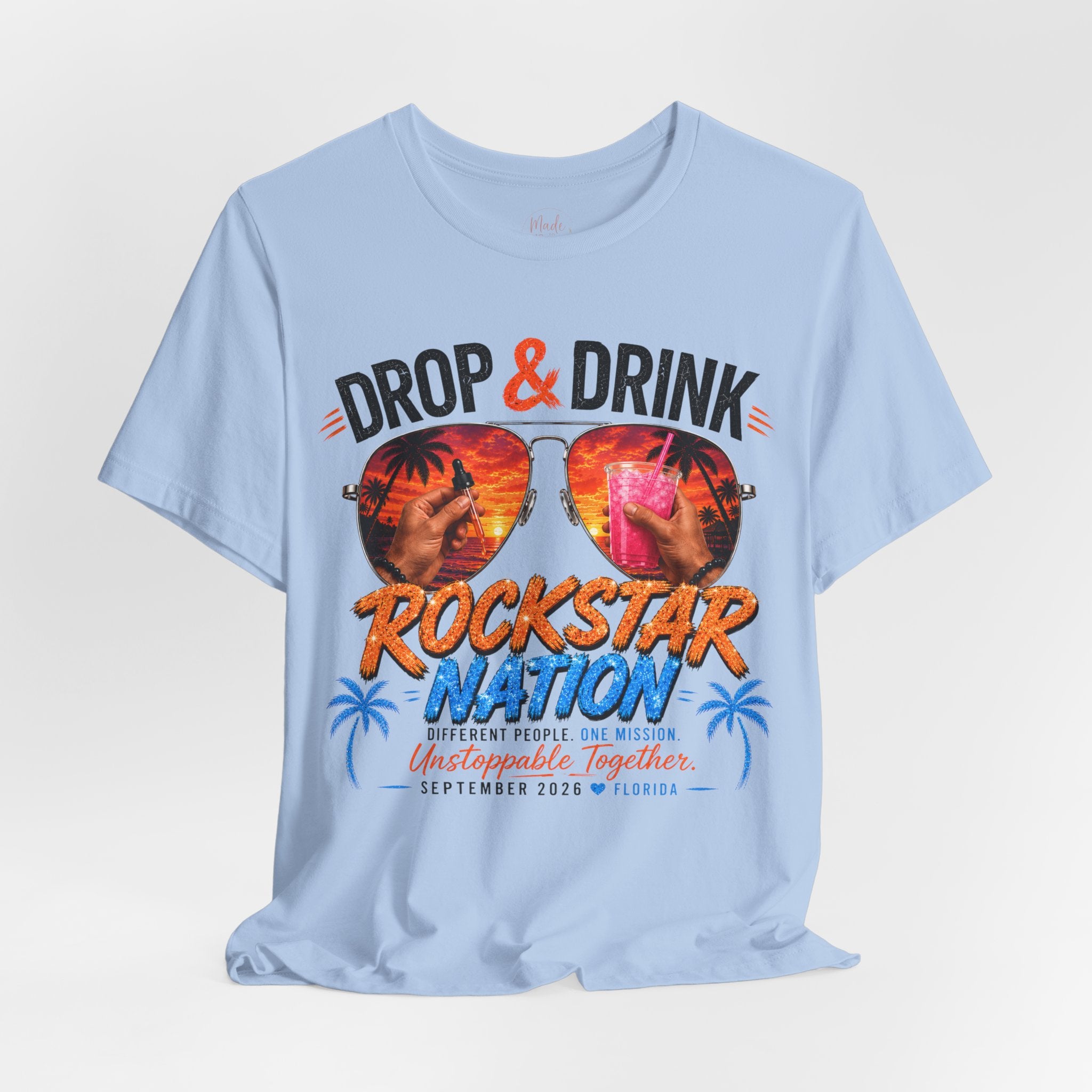 Team Drop & Drink Beach T‑Shirt – Most Likely to Change Lives Sunglasses Graphic