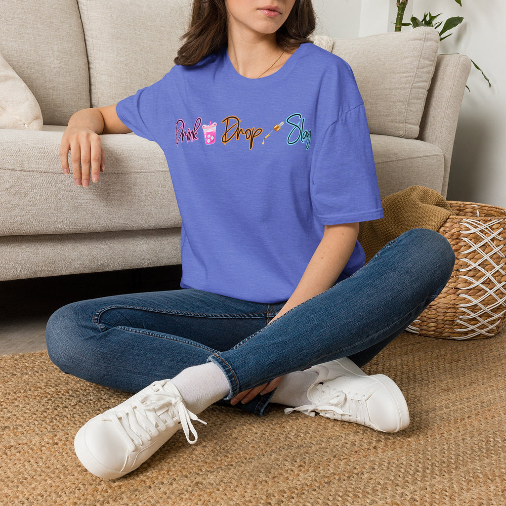 Drink Drop Slay T-Shirt — Fun Boba & Makeup Graphic Tee for Trendy Women