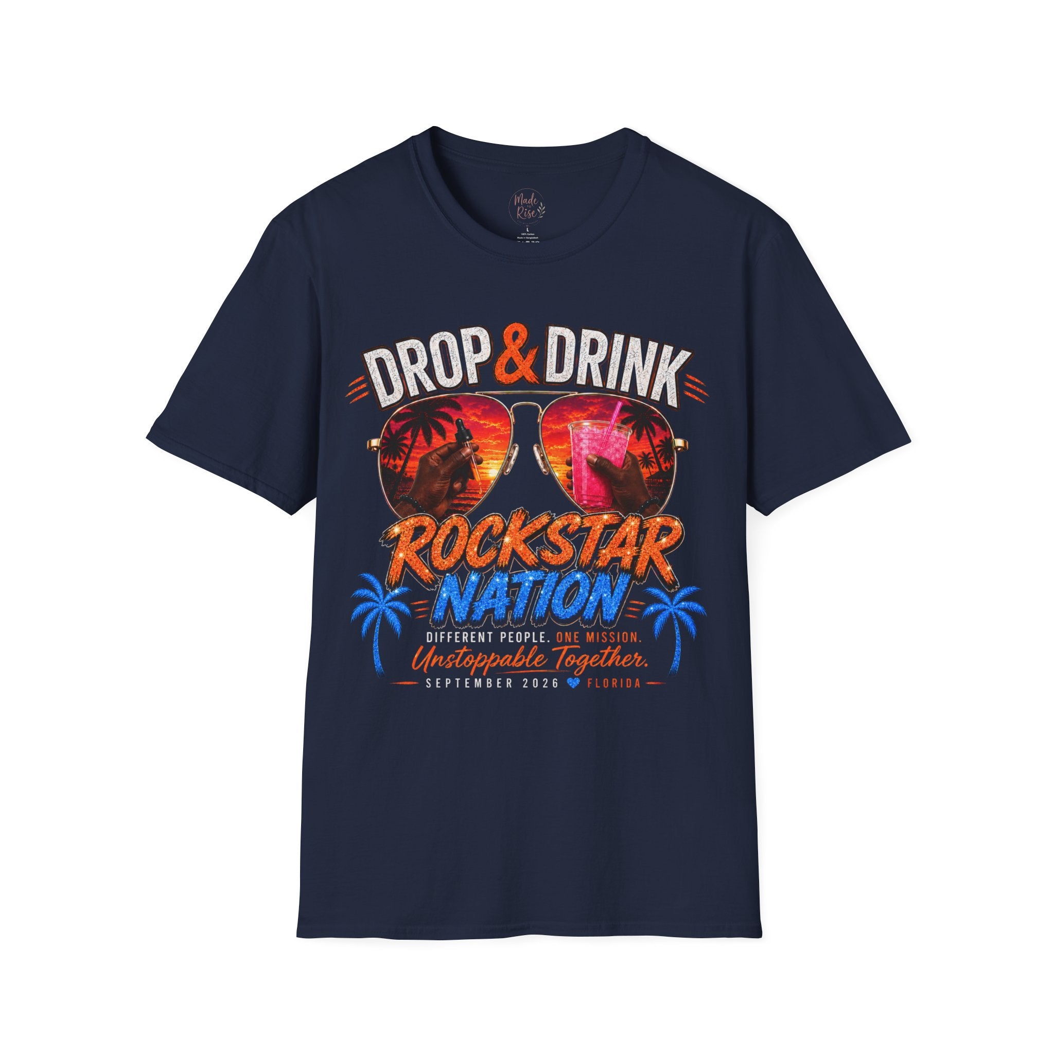 Dark Complexion (Men) Rockstar Team Shirt  —White Drop & Drink  Florida Retro Palm Sunset Graphic