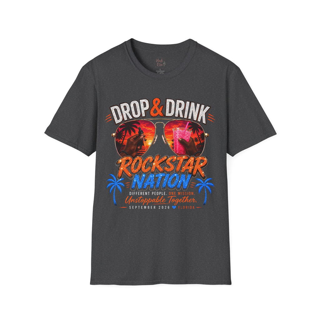 Dark Complexion (Men) Rockstar Team Shirt  —White Drop & Drink  Florida Retro Palm Sunset Graphic