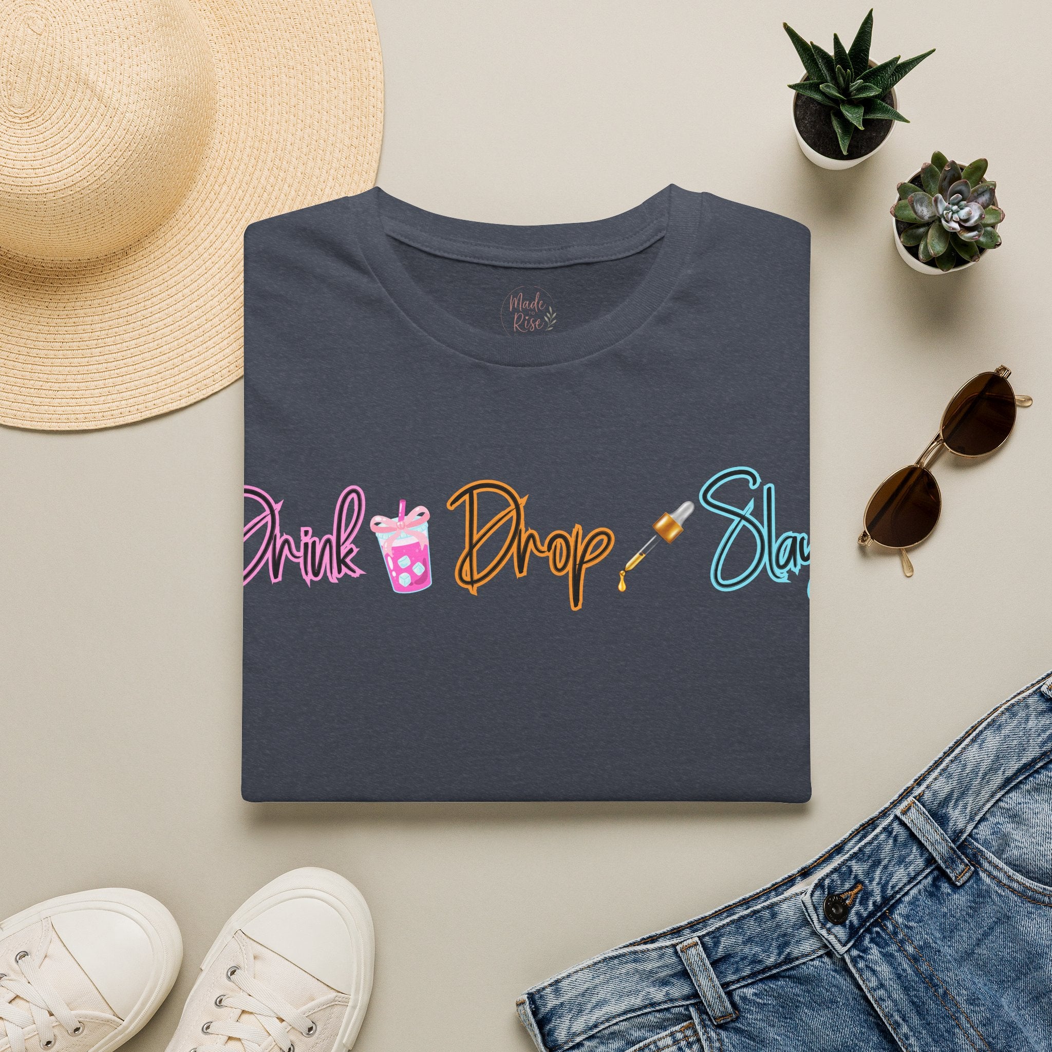 Drink Drop Slay T-Shirt — Fun Boba & Makeup Graphic Tee for Trendy Women