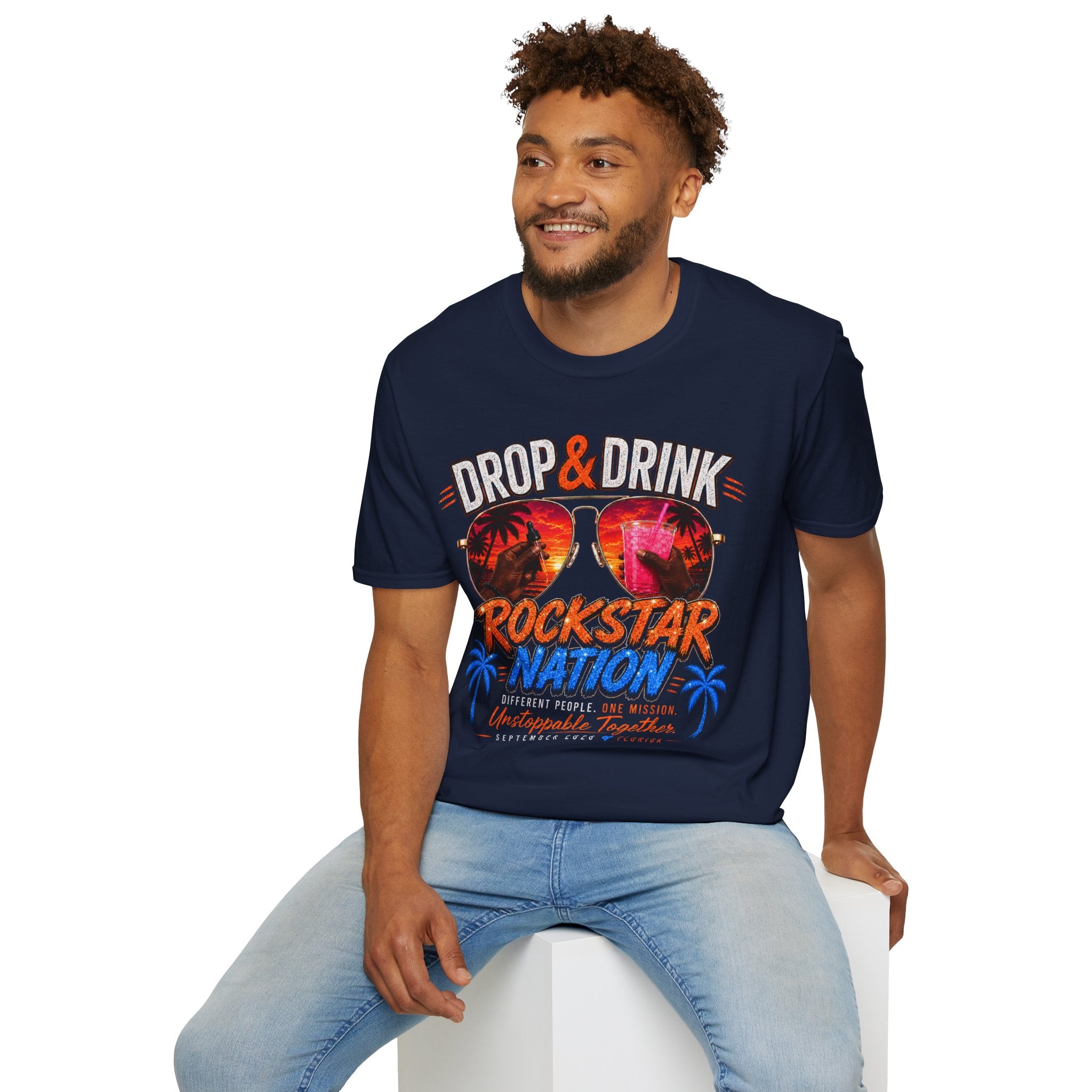 Dark Complexion (Men) Rockstar Team Shirt  —White Drop & Drink  Florida Retro Palm Sunset Graphic