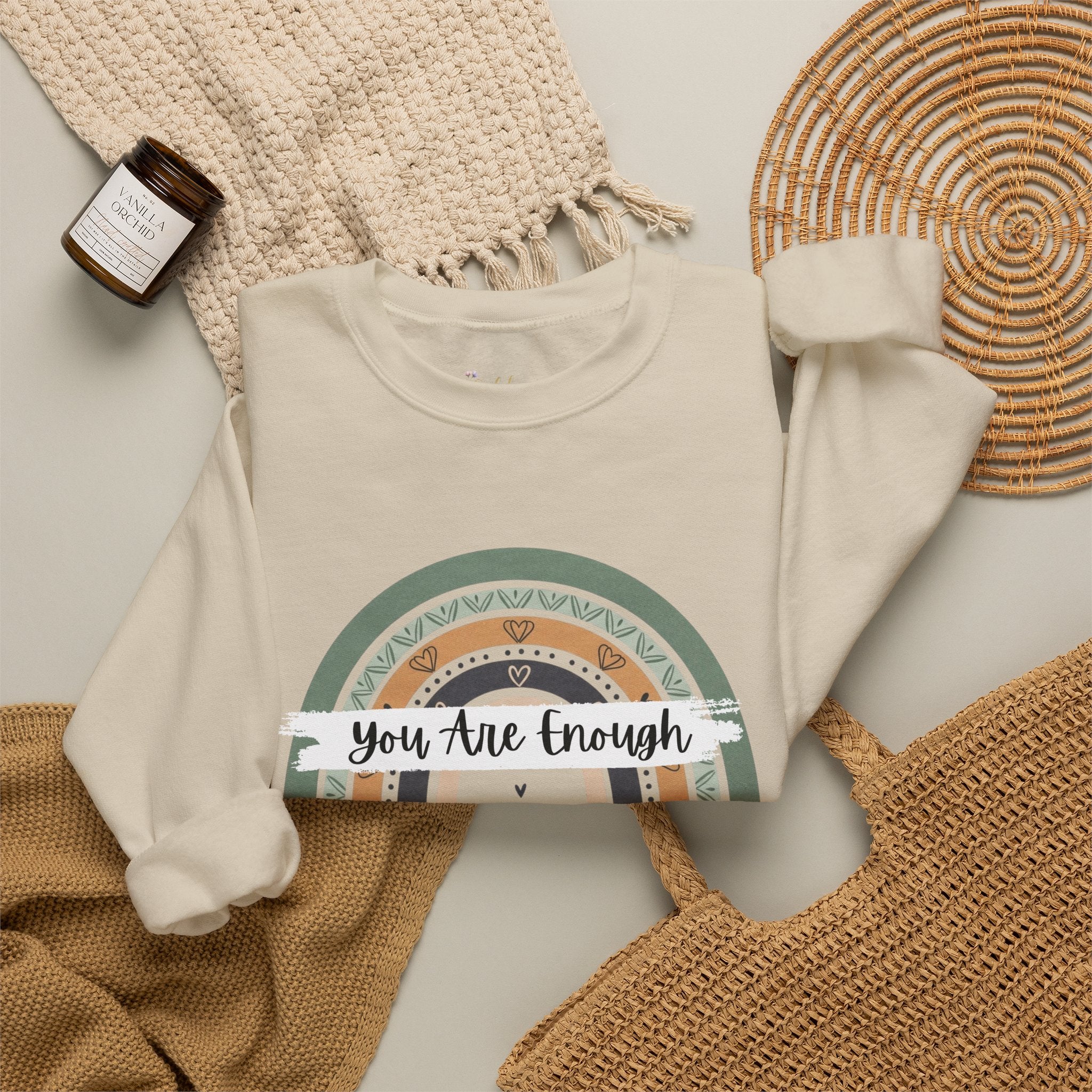 You Are Enough Sweatshirt, Mental Health Sweater, Boho Inspirational Sweatshirt, Rainbow Crewneck Sweatshirt, Cozy Crewneck Sweater