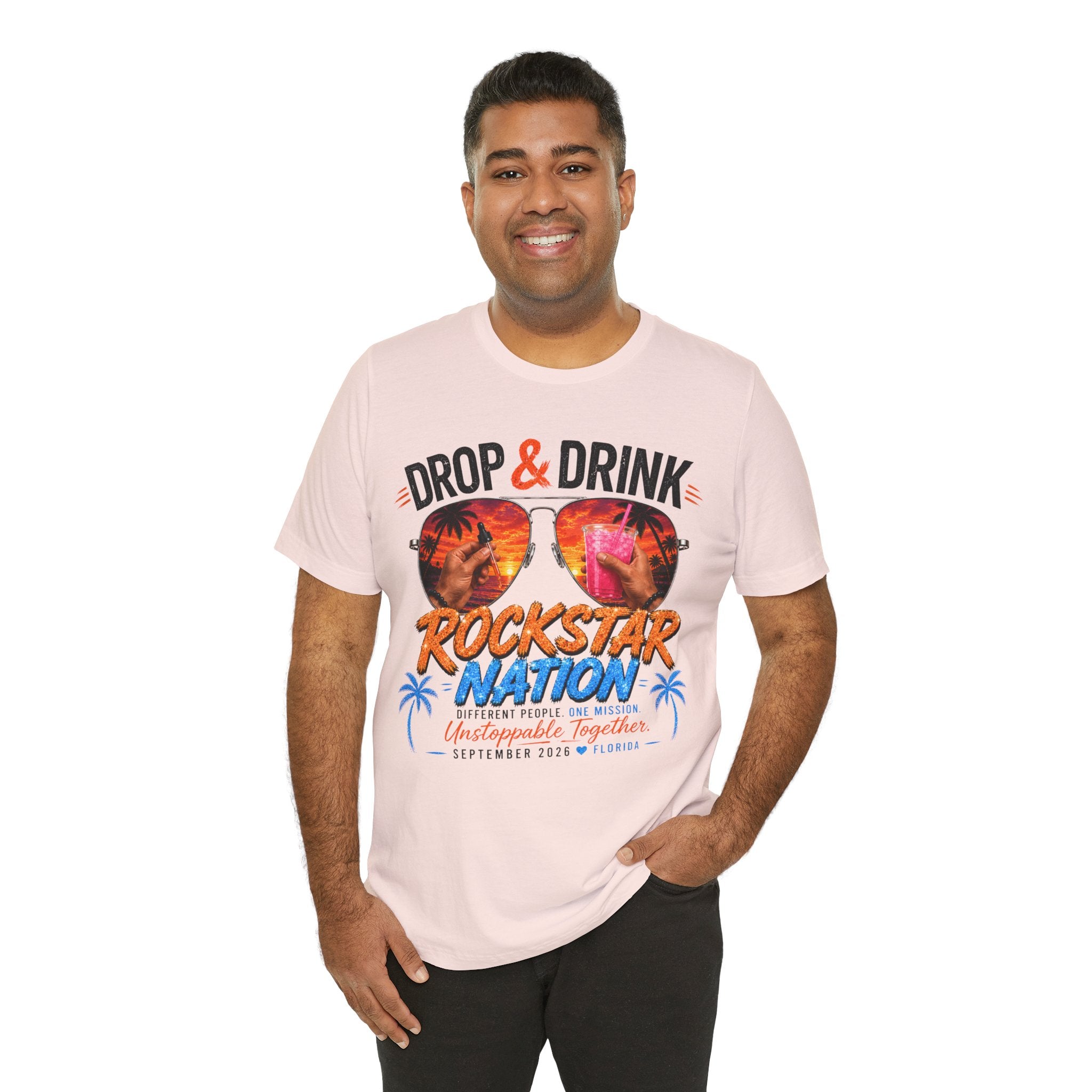 Team Drop & Drink Beach T‑Shirt – Most Likely to Change Lives Sunglasses Graphic