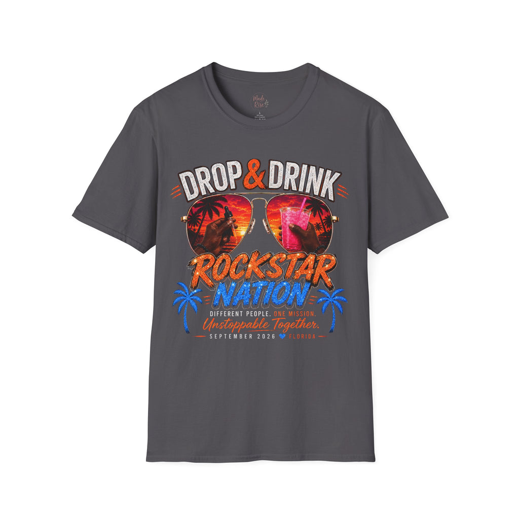 Dark Complexion (Men) Rockstar Team Shirt  —White Drop & Drink  Florida Retro Palm Sunset Graphic