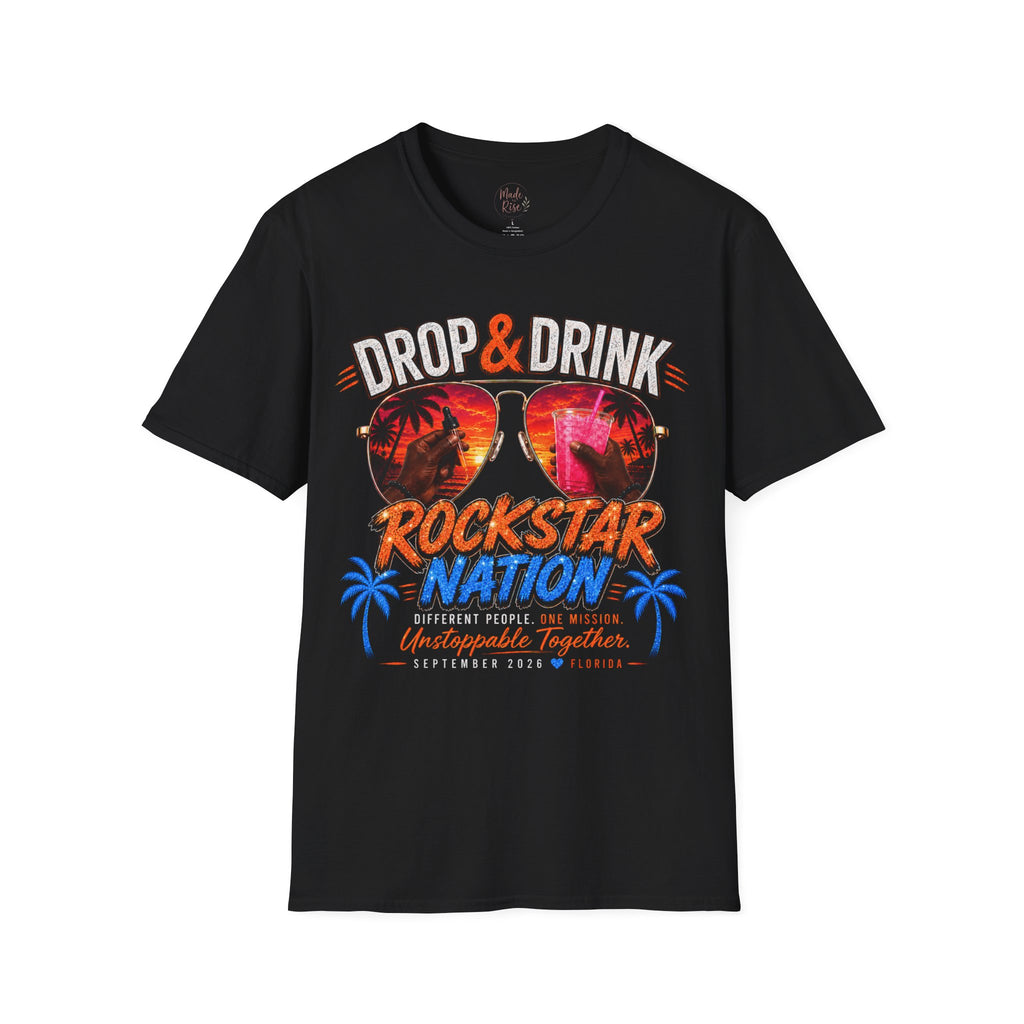 Dark Complexion (Men) Rockstar Team Shirt  —White Drop & Drink  Florida Retro Palm Sunset Graphic