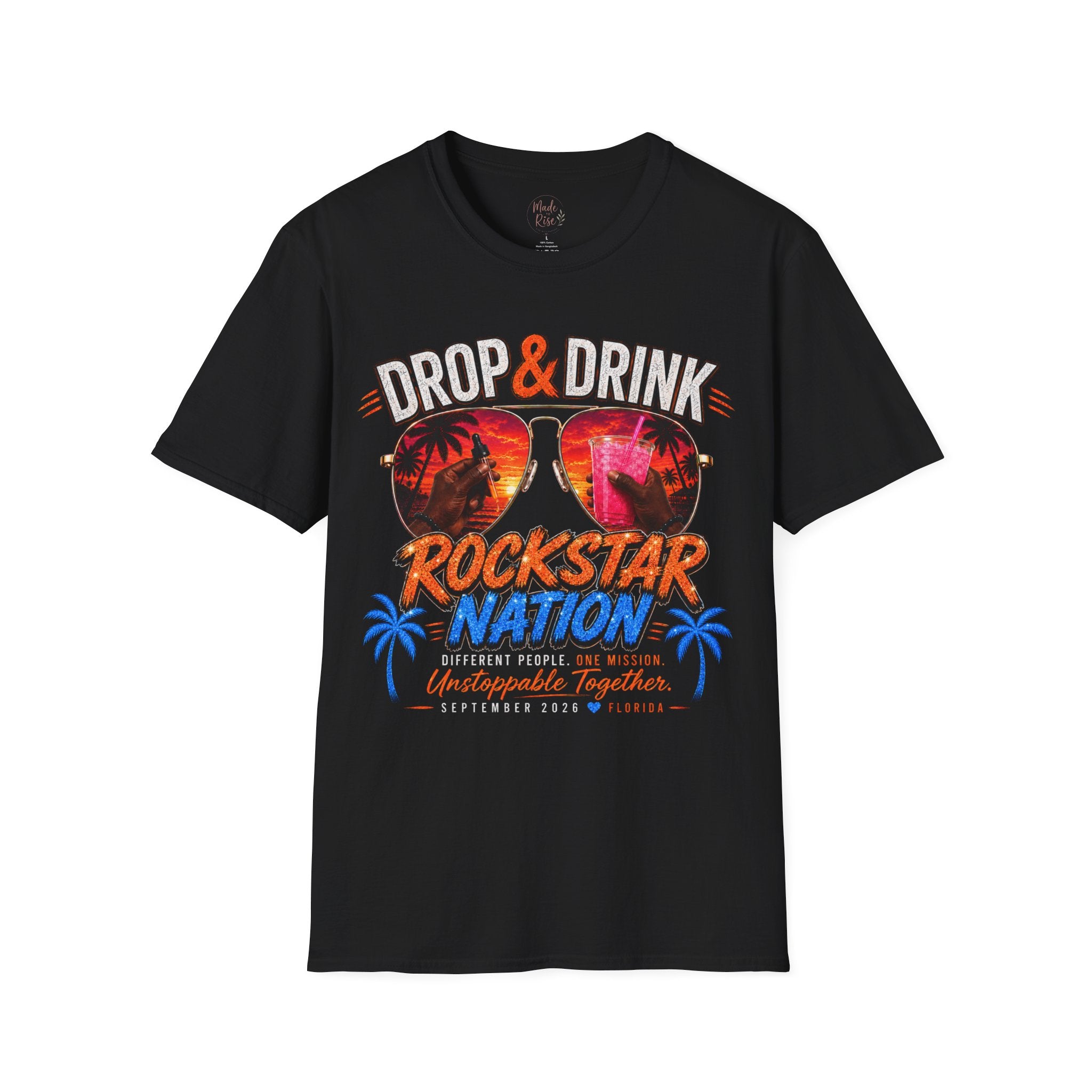 Dark Complexion (Men) Rockstar Team Shirt  —White Drop & Drink  Florida Retro Palm Sunset Graphic