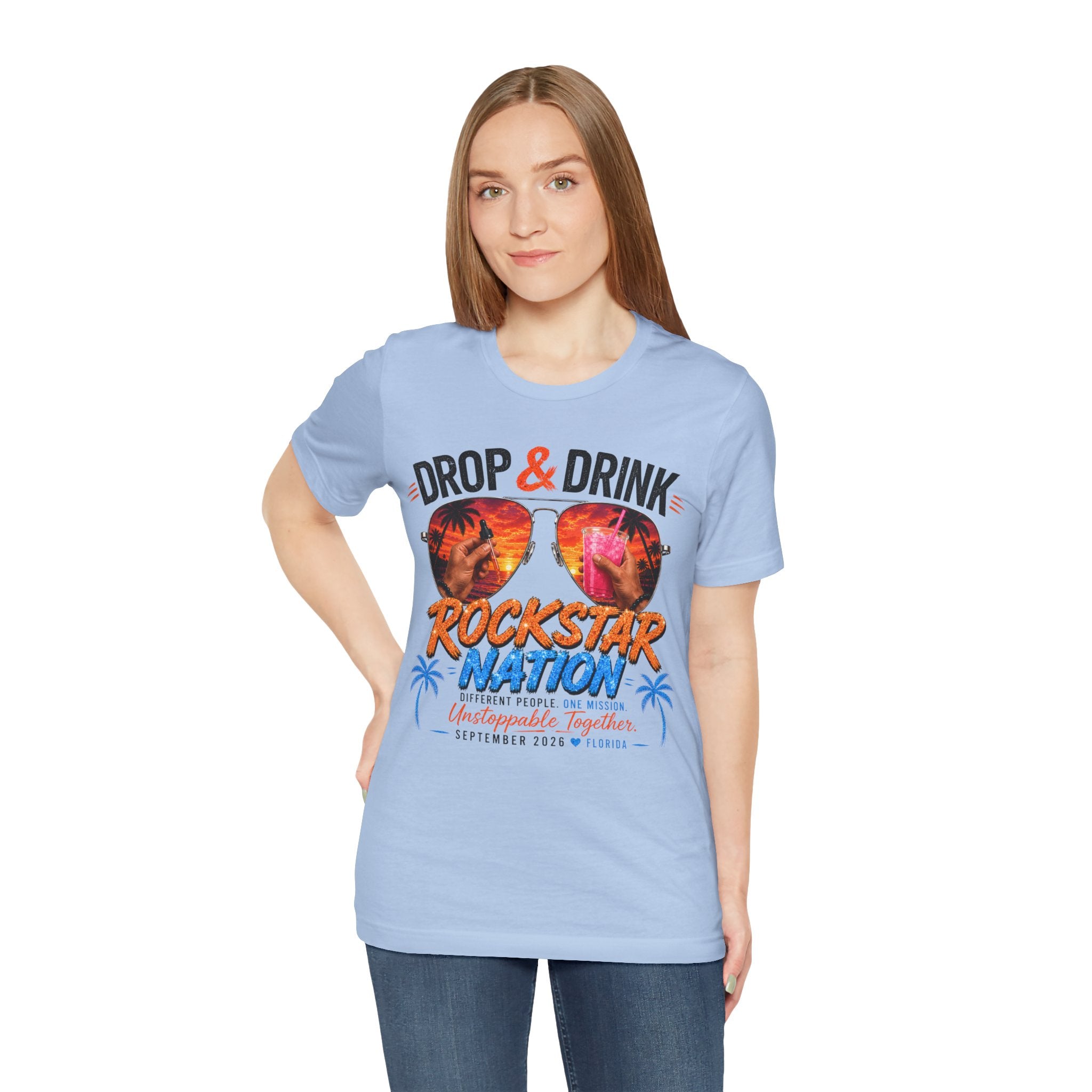 Team Drop & Drink Beach T‑Shirt – Most Likely to Change Lives Sunglasses Graphic