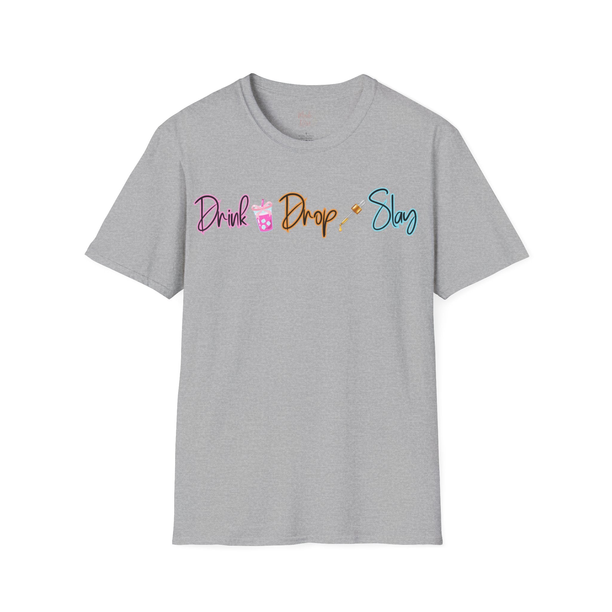 Drink Drop Slay T-Shirt — Fun Boba & Makeup Graphic Tee for Trendy Women