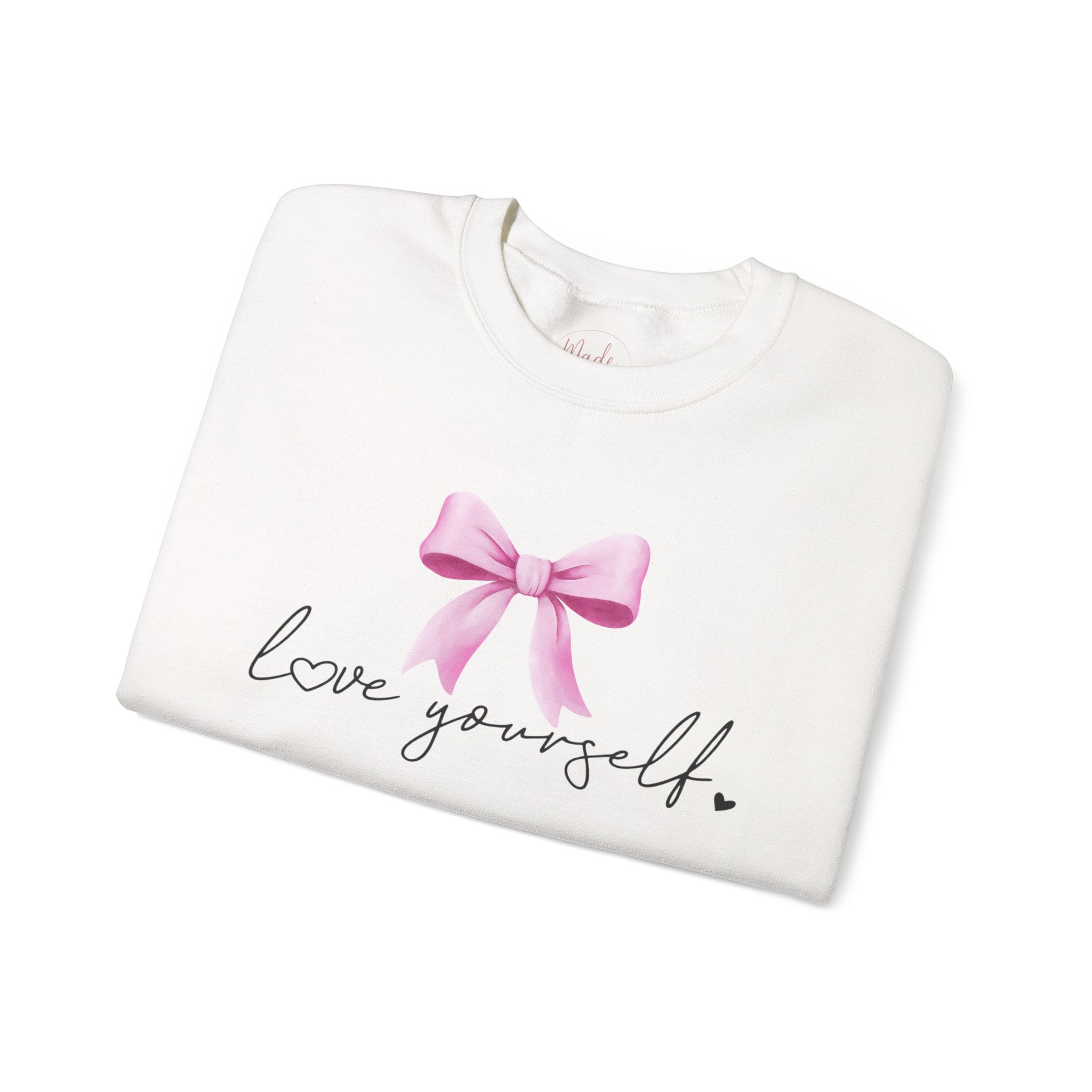 Love Yourself Sweatshirt, Self Love Crewneck Sweatshirt, Motivational Sweatshirt, Pink Bow Sweater, Mental Health Shirt, Positive Apparel
