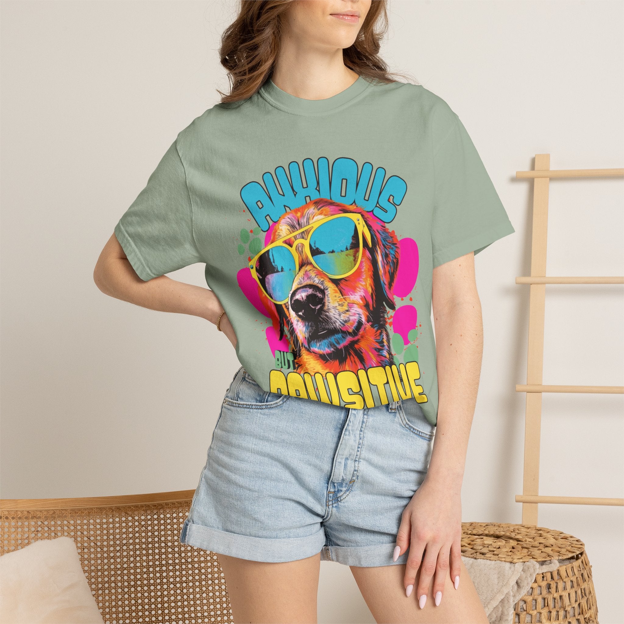 Retro Golden Retriever Shirt, Anxious but Pawsitive Tee, Mental Health Dog Mom, Comfort Colors Colorful Puppy T Shirt, Dog Lover Gift