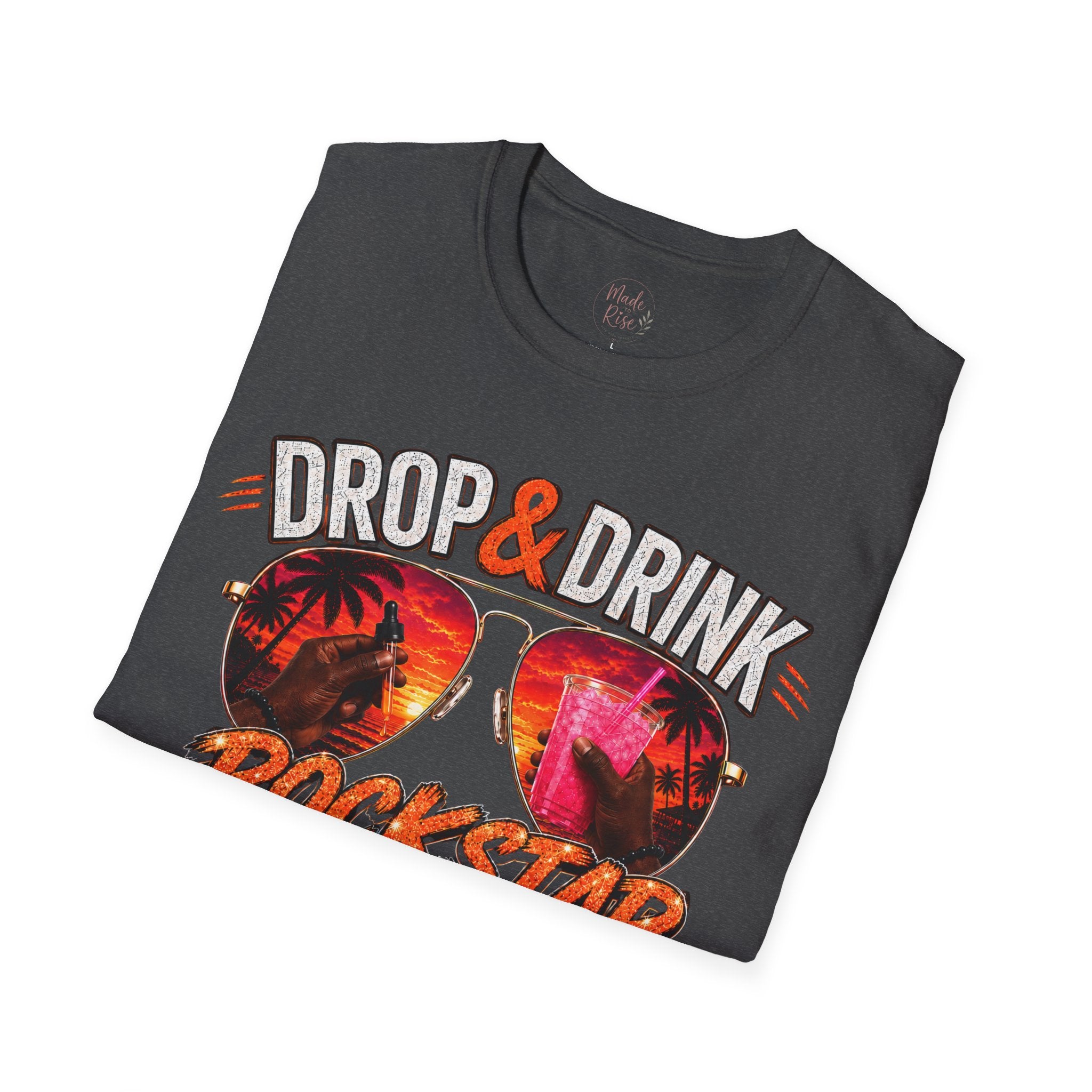 Dark Complexion (Men) Rockstar Team Shirt  —White Drop & Drink  Florida Retro Palm Sunset Graphic