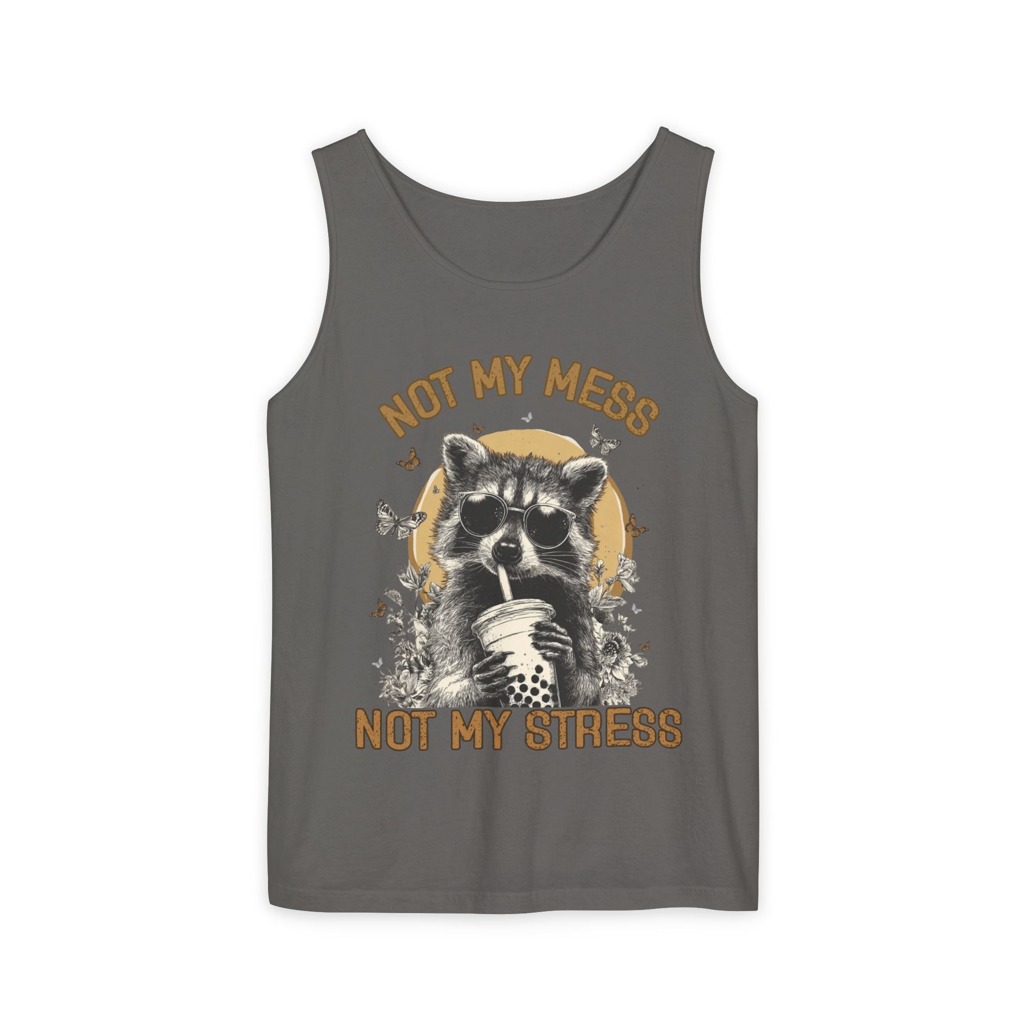 Not My Mess Not My Stress Raccoon Tank Top | Cute Sipping Raccoon Graphic