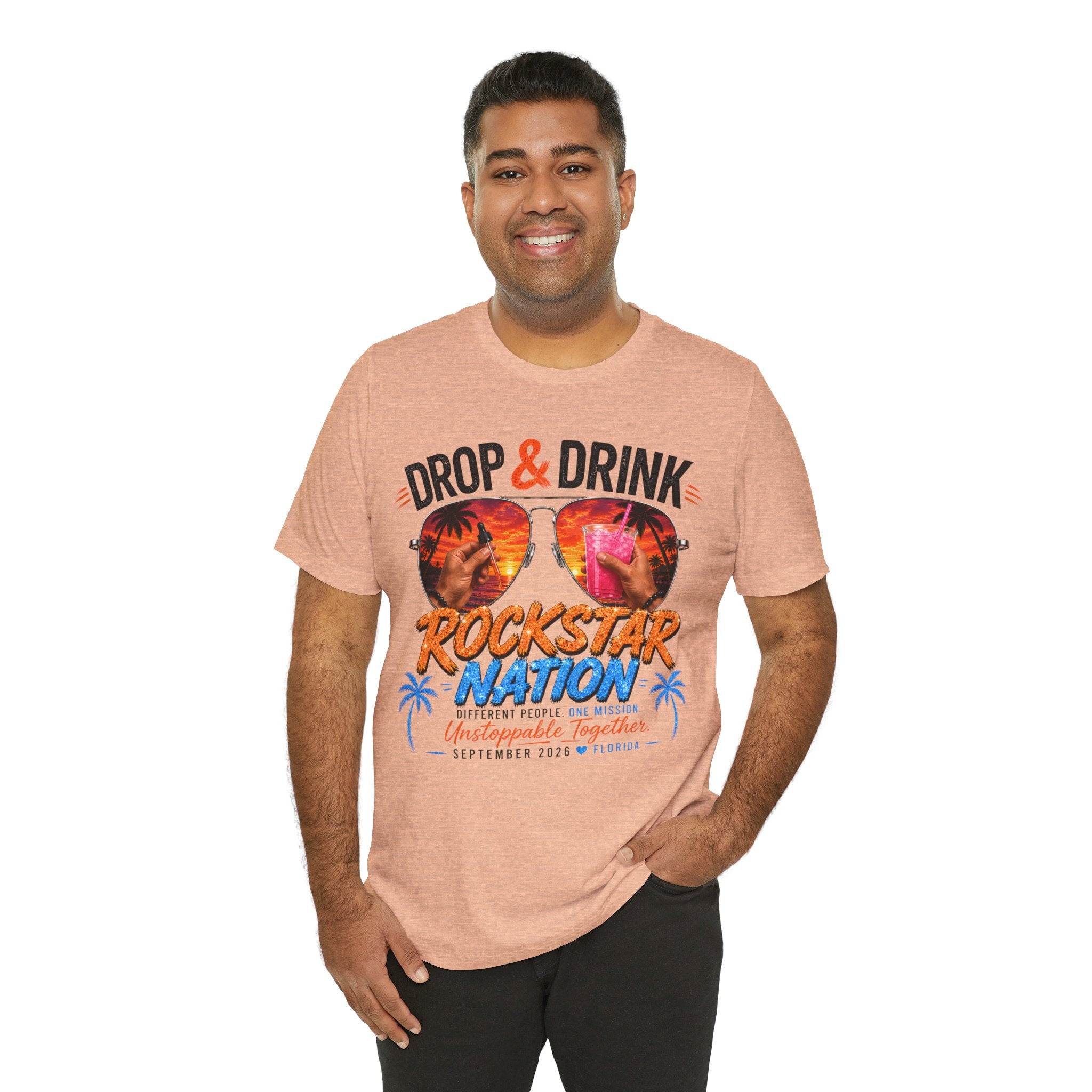 Team Drop & Drink Beach T‑Shirt – Most Likely to Change Lives Sunglasses Graphic