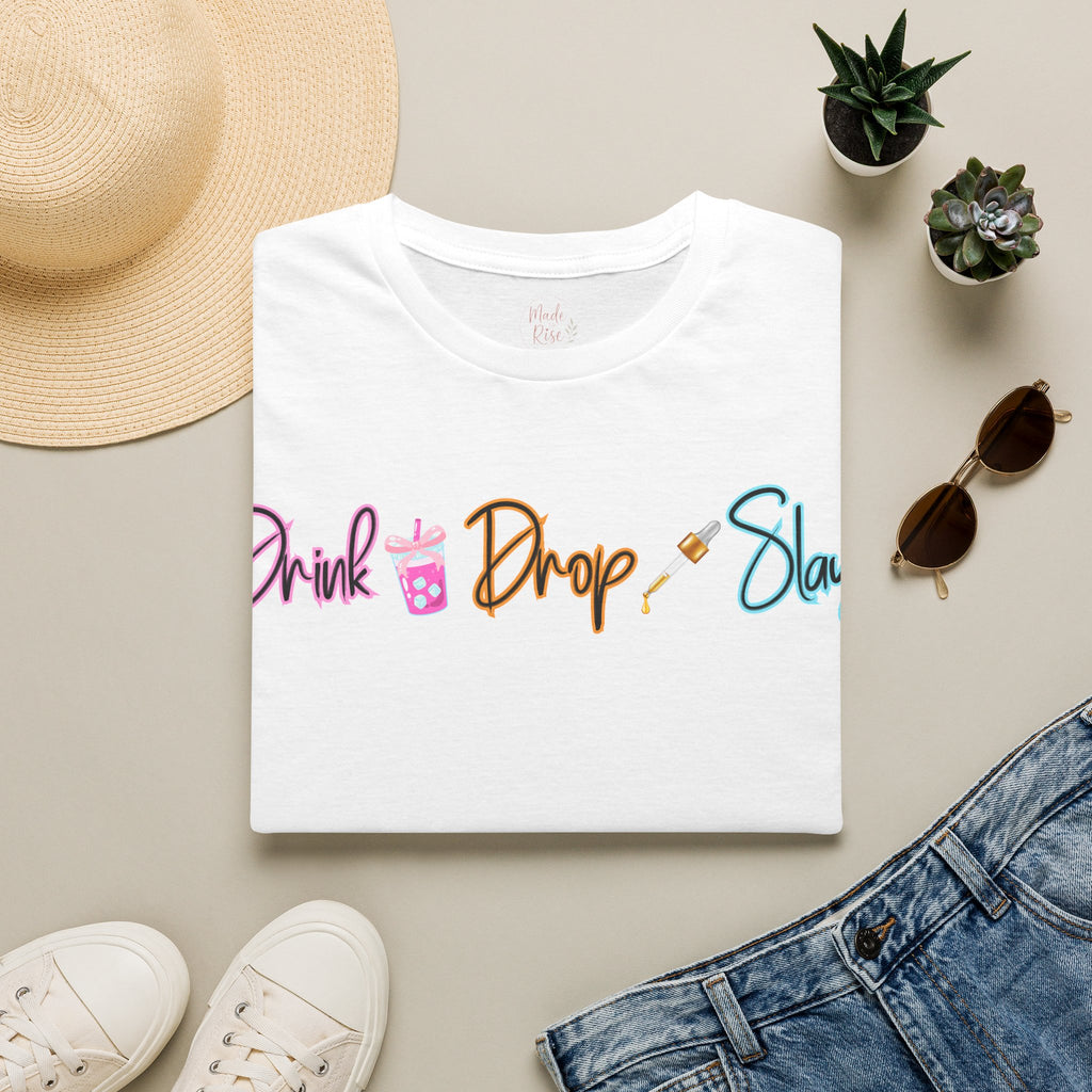 Drink Drop Slay T-Shirt — Fun Boba & Makeup Graphic Tee for Trendy Women
