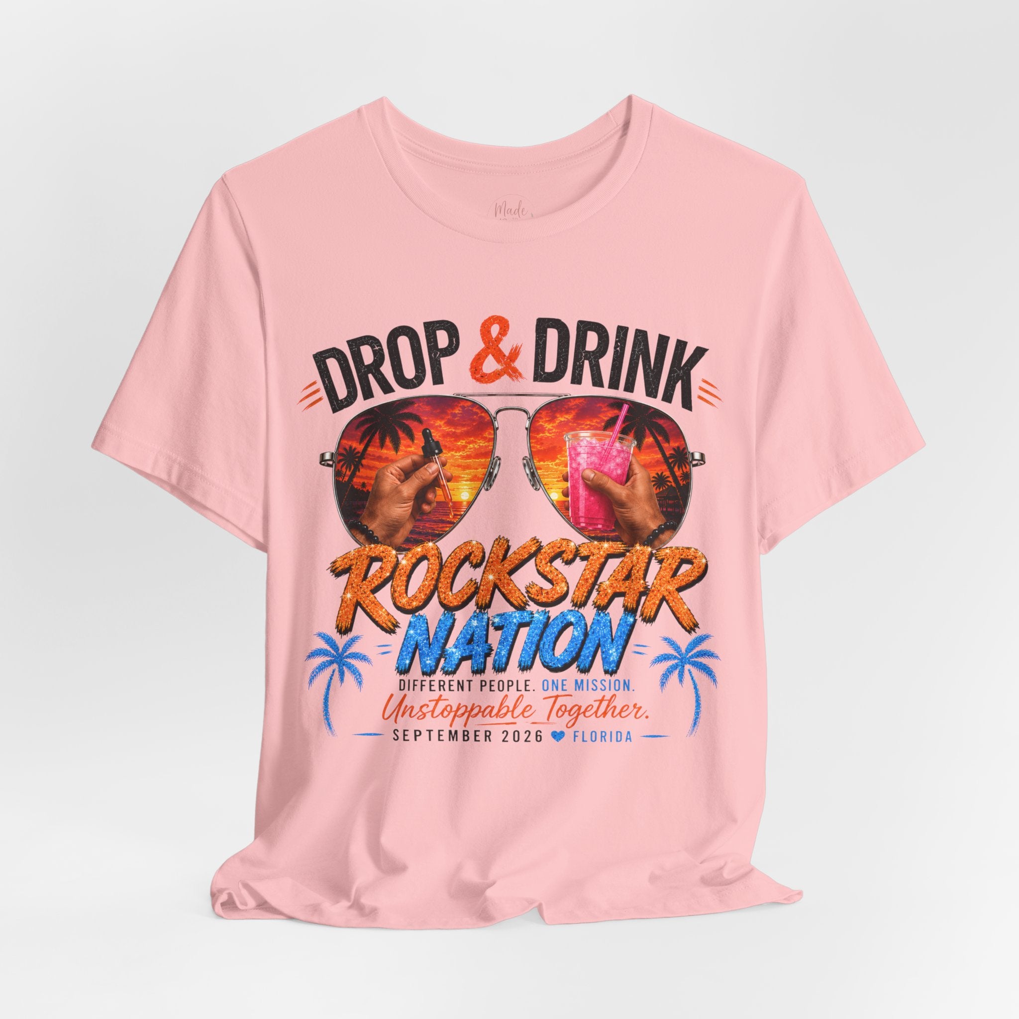 Team Drop & Drink Beach T‑Shirt – Most Likely to Change Lives Sunglasses Graphic