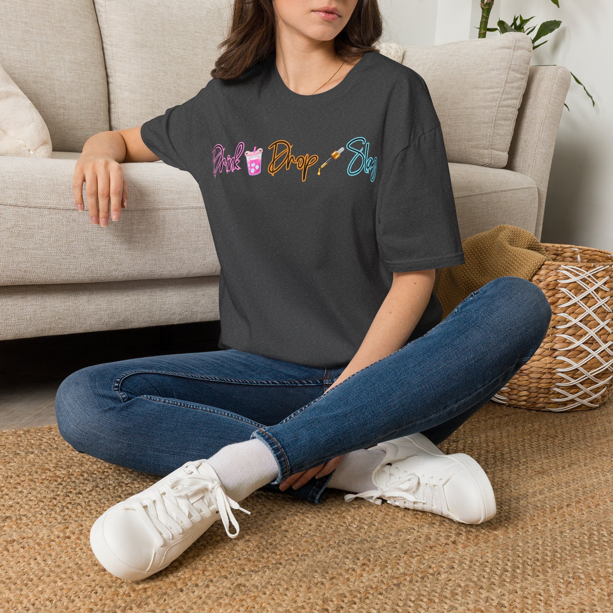 Drink Drop Slay T-Shirt — Fun Boba & Makeup Graphic Tee for Trendy Women