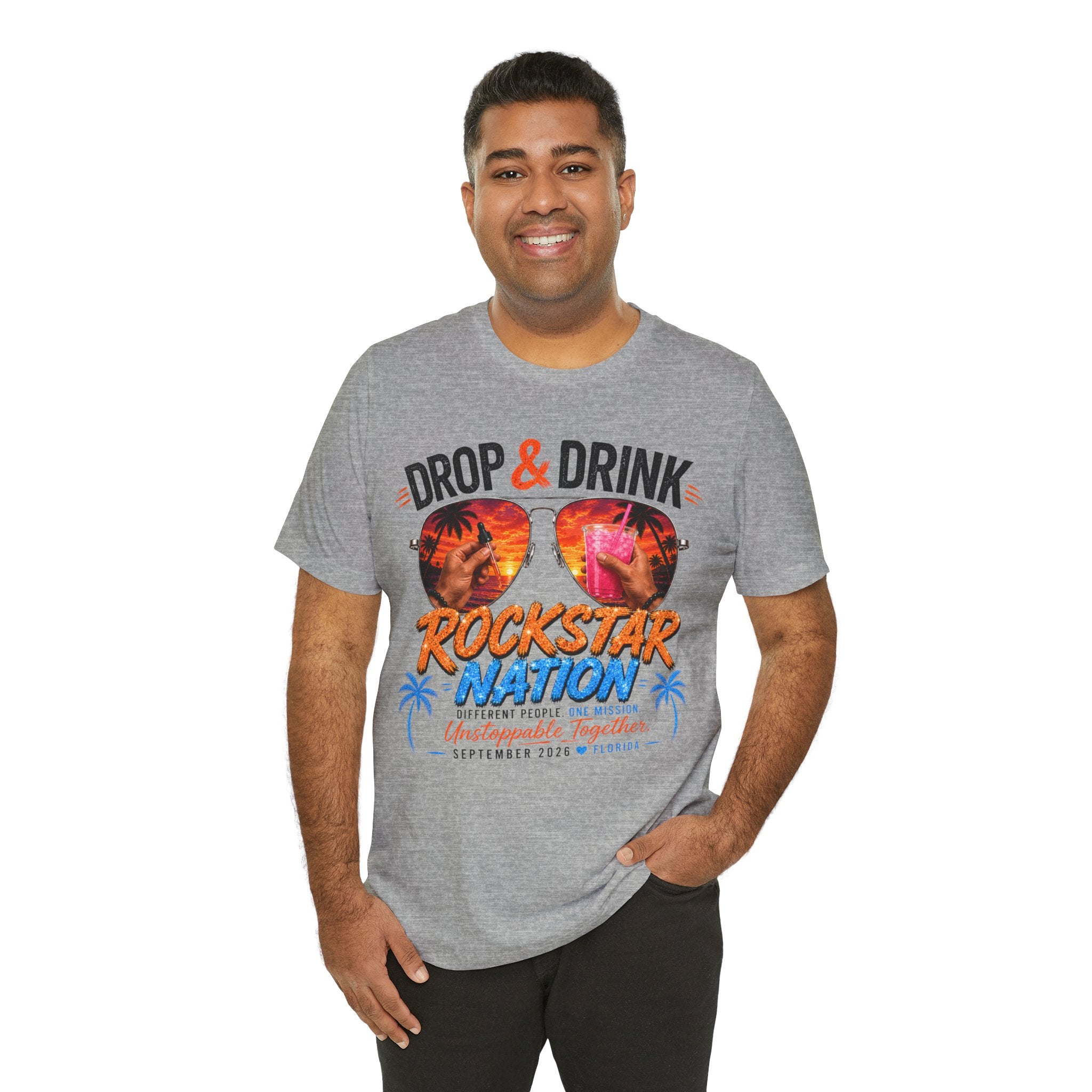 Team Drop & Drink Beach T‑Shirt – Most Likely to Change Lives Sunglasses Graphic