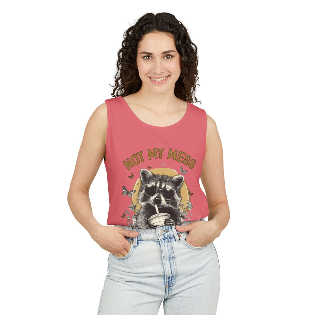 Not My Mess Not My Stress Raccoon Tank Top | Cute Sipping Raccoon Graphic