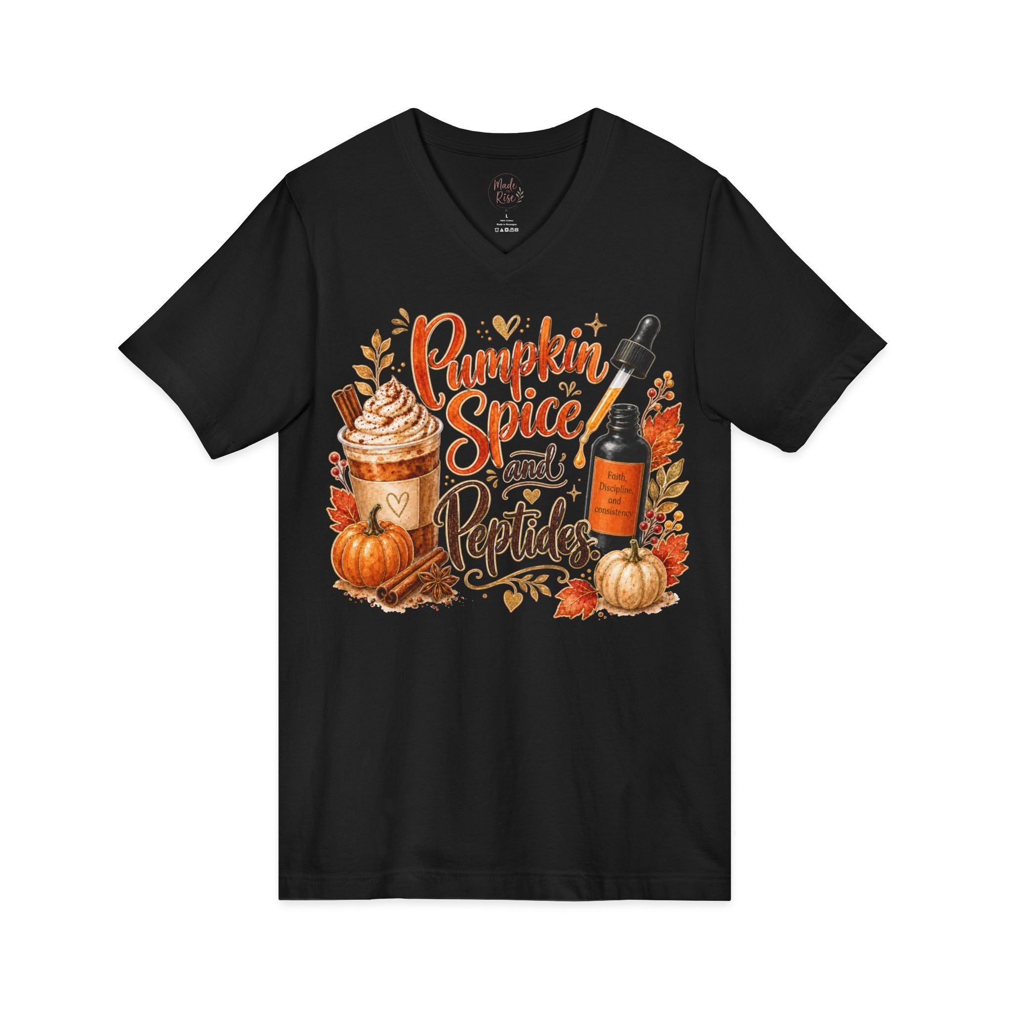 Pumpkin Spice and Peptides V-Neck Tee — Fall Skincare & Coffee Lover Shirt