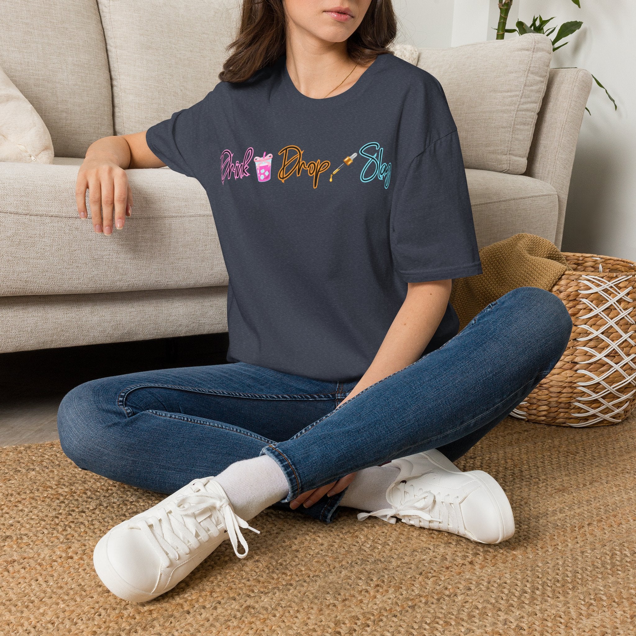 Drink Drop Slay T-Shirt — Fun Boba & Makeup Graphic Tee for Trendy Women