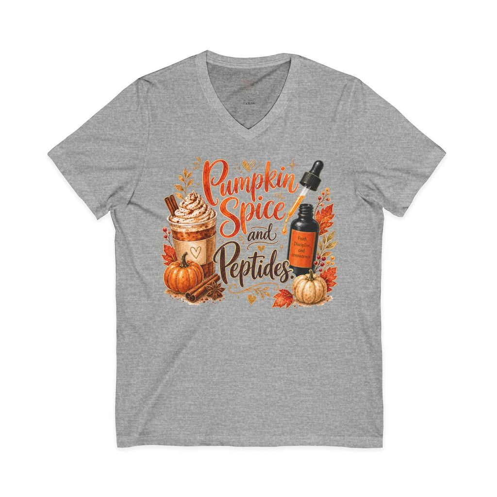 Pumpkin Spice and Peptides V-Neck Tee — Fall Skincare & Coffee Lover Shirt