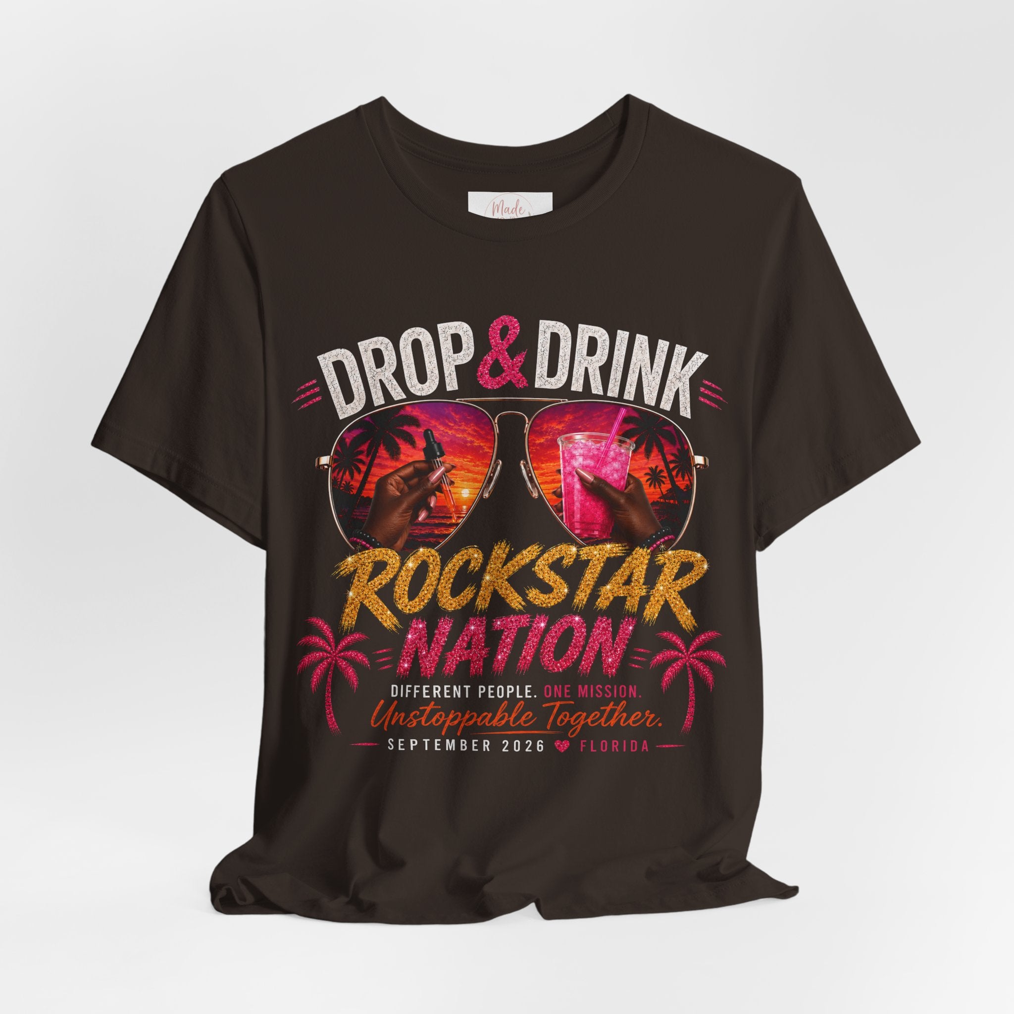 Dark Complexion (women) of Team White Drop & Drink Beach T‑Shirt –  Sunglasses Graphic