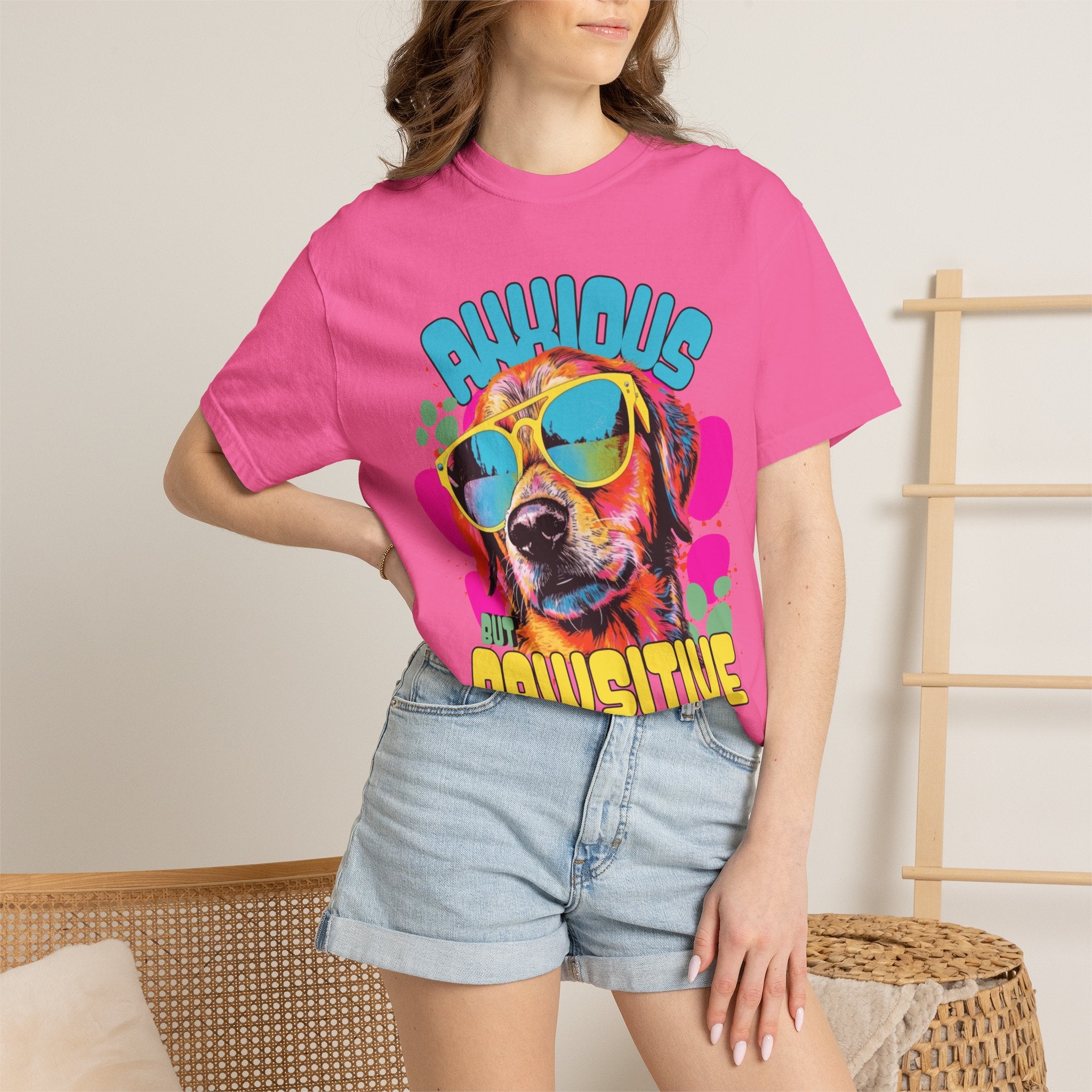 Retro Golden Retriever Shirt, Anxious but Pawsitive Tee, Mental Health Dog Mom, Comfort Colors Colorful Puppy T Shirt, Dog Lover Gift