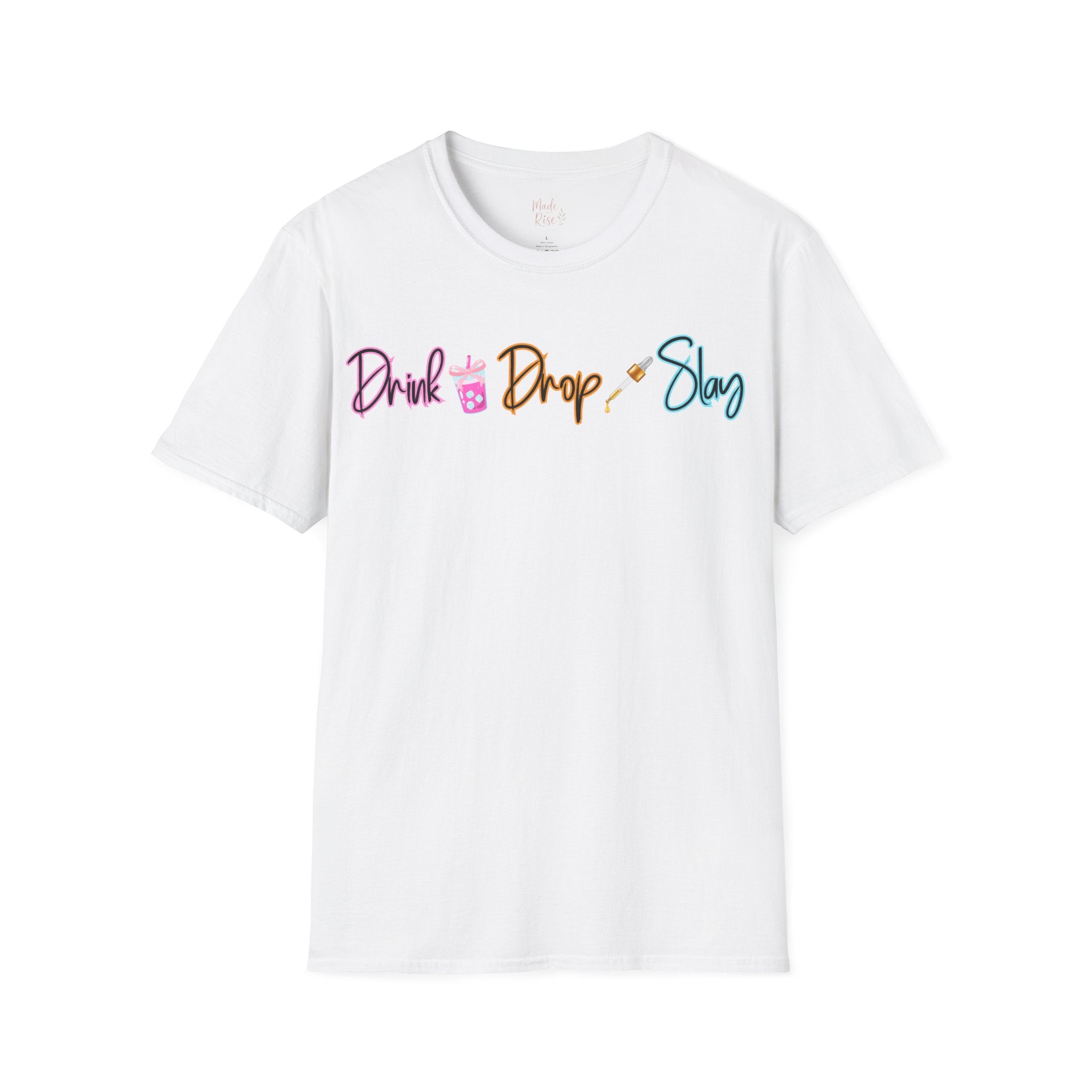 Drink Drop Slay T-Shirt — Fun Boba & Makeup Graphic Tee for Trendy Women