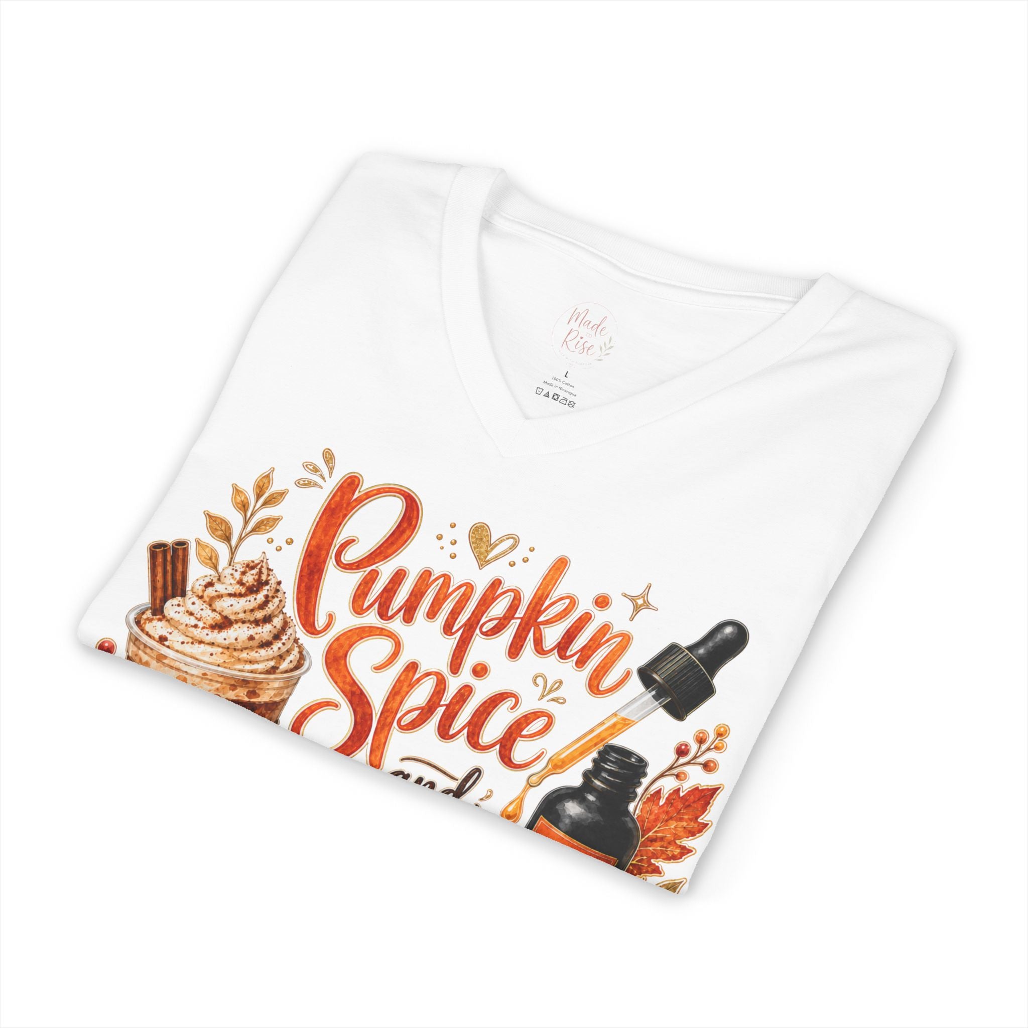 Pumpkin Spice and Peptides V-Neck Tee — Fall Skincare & Coffee Lover Shirt