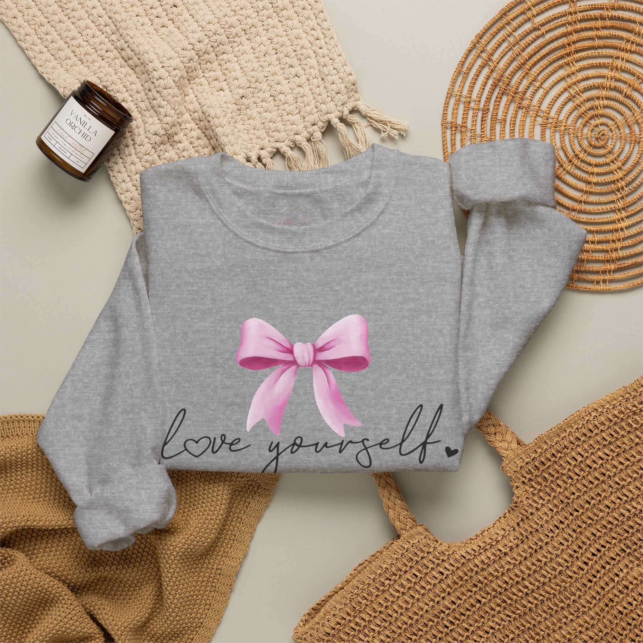 Love Yourself Sweatshirt, Self Love Crewneck Sweatshirt, Motivational Sweatshirt, Pink Bow Sweater, Mental Health Shirt, Positive Apparel