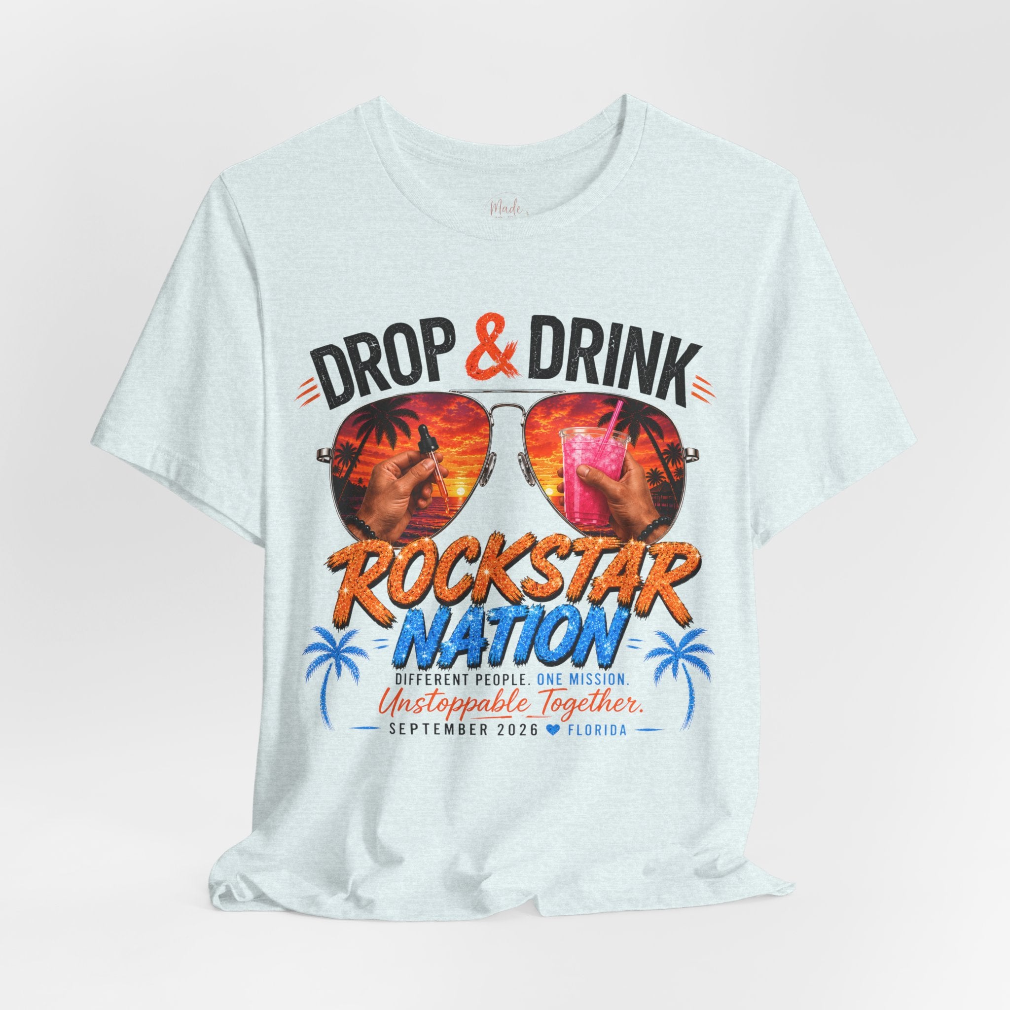 Team Drop & Drink Beach T‑Shirt – Most Likely to Change Lives Sunglasses Graphic