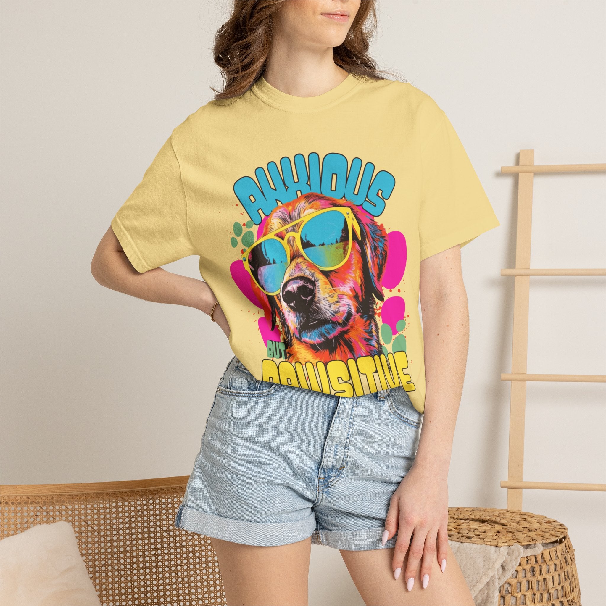 Retro Golden Retriever Shirt, Anxious but Pawsitive Tee, Mental Health Dog Mom, Comfort Colors Colorful Puppy T Shirt, Dog Lover Gift