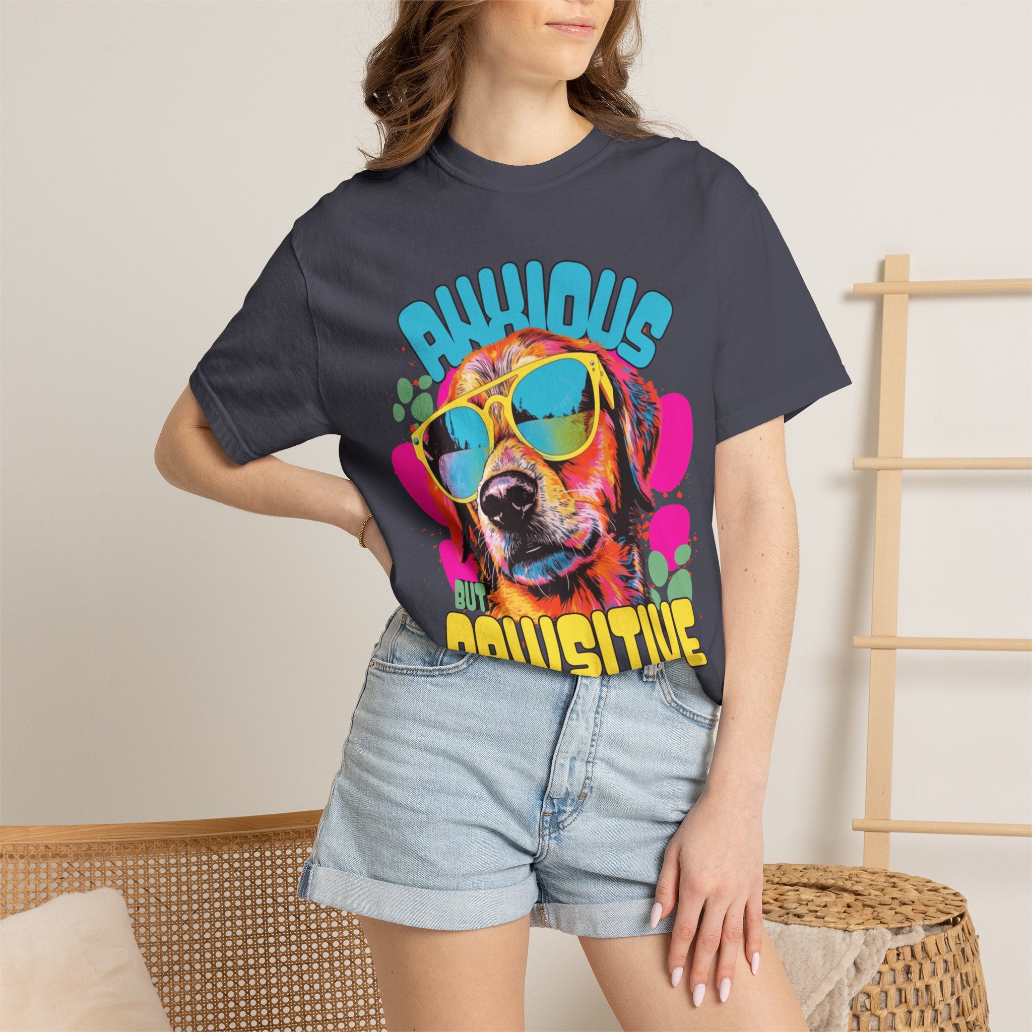 Retro Golden Retriever Shirt, Anxious but Pawsitive Tee, Mental Health Dog Mom, Comfort Colors Colorful Puppy T Shirt, Dog Lover Gift