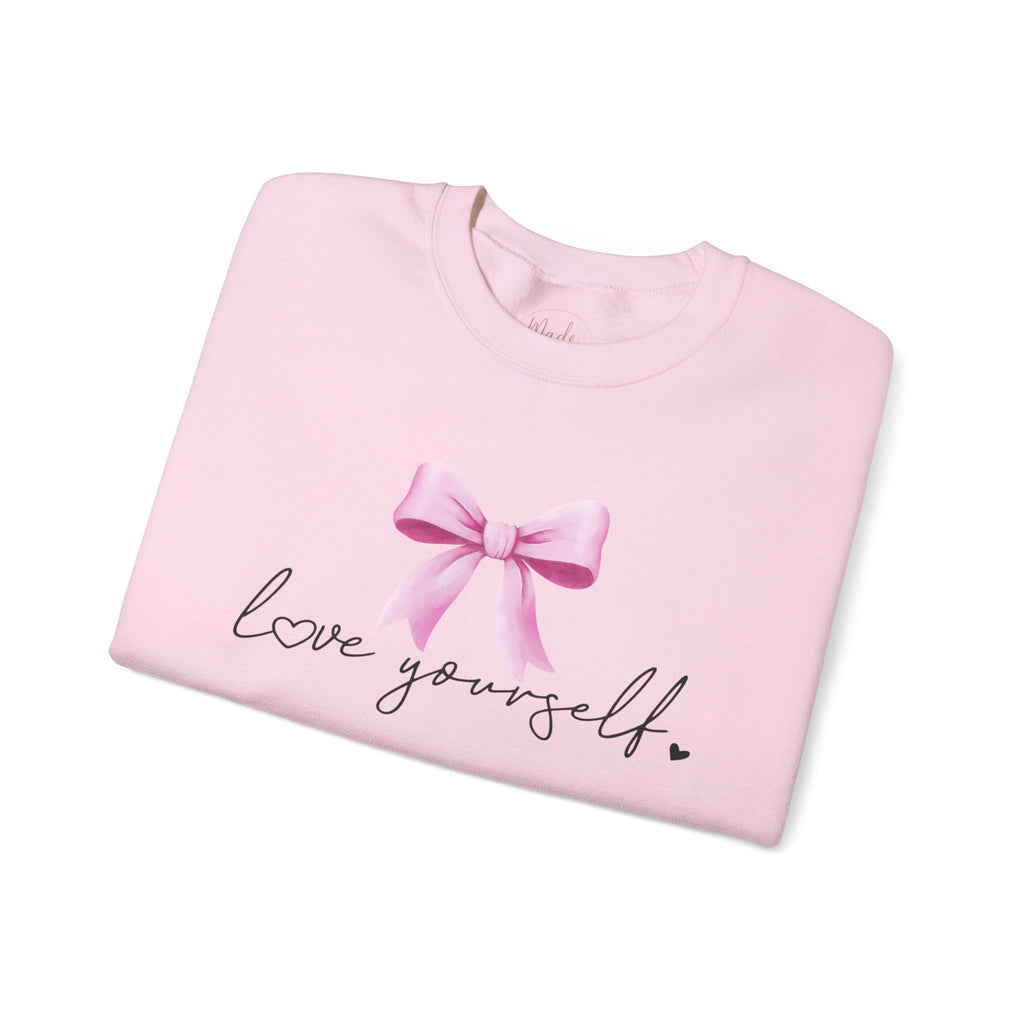 Love Yourself Sweatshirt, Self Love Crewneck Sweatshirt, Motivational Sweatshirt, Pink Bow Sweater, Mental Health Shirt, Positive Apparel
