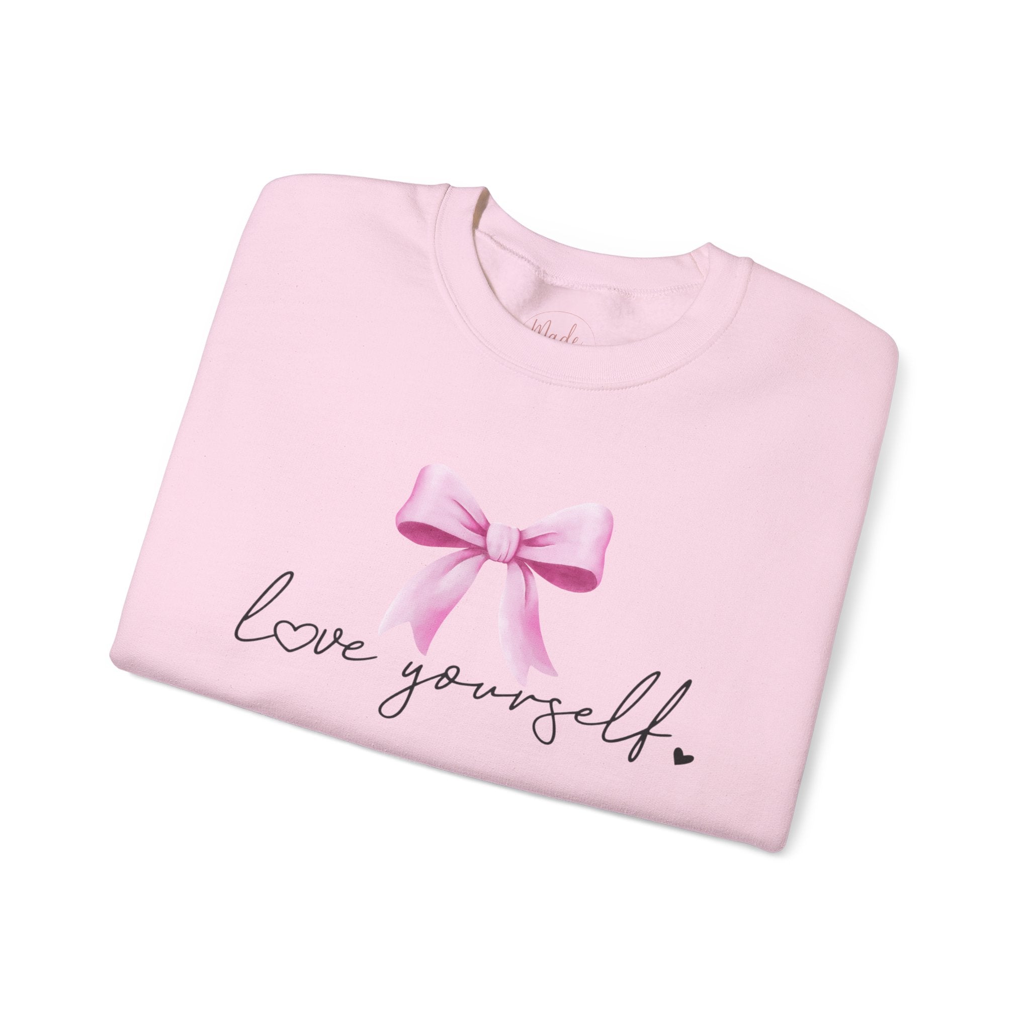 Love Yourself Sweatshirt, Self Love Crewneck Sweatshirt, Motivational Sweatshirt, Pink Bow Sweater, Mental Health Shirt, Positive Apparel