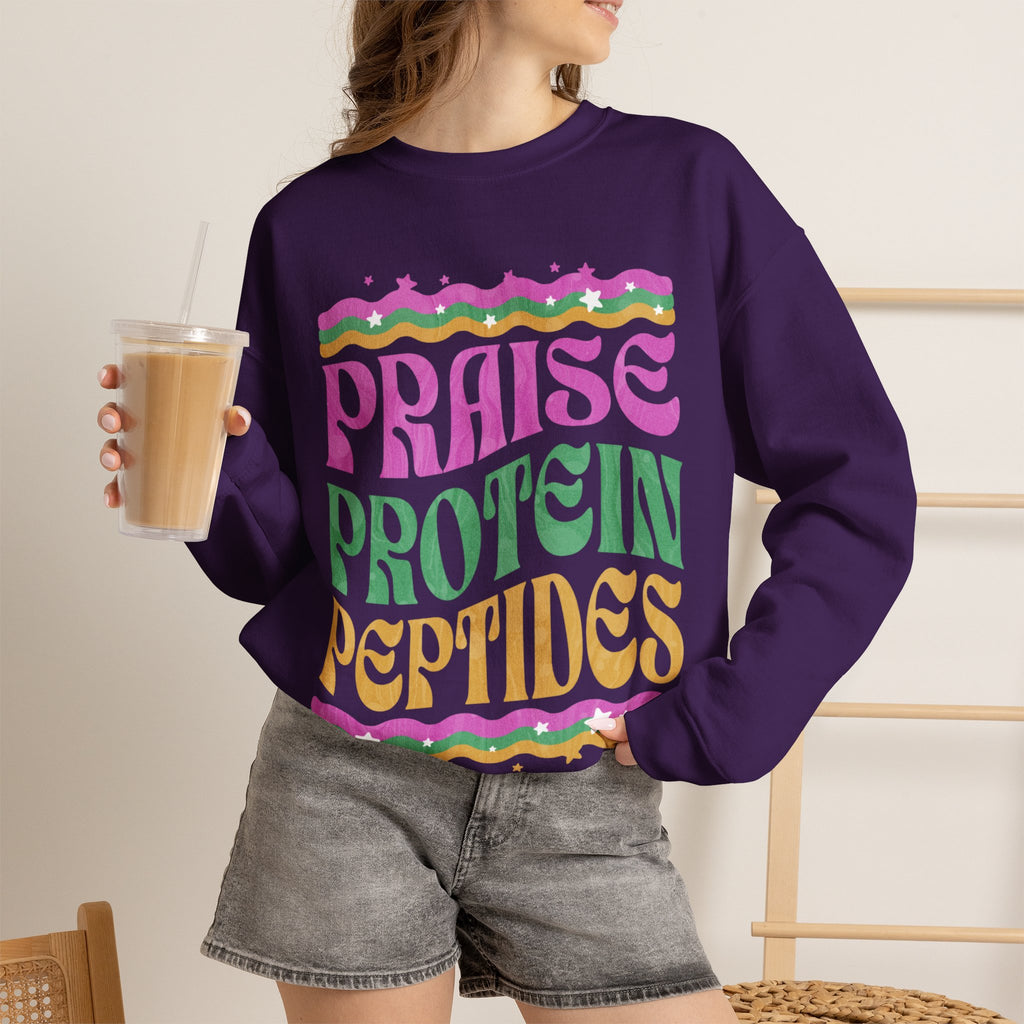 Made to Rise Crewneck Sweatshirt — Retro "Praise Protein Peptides" Graphic