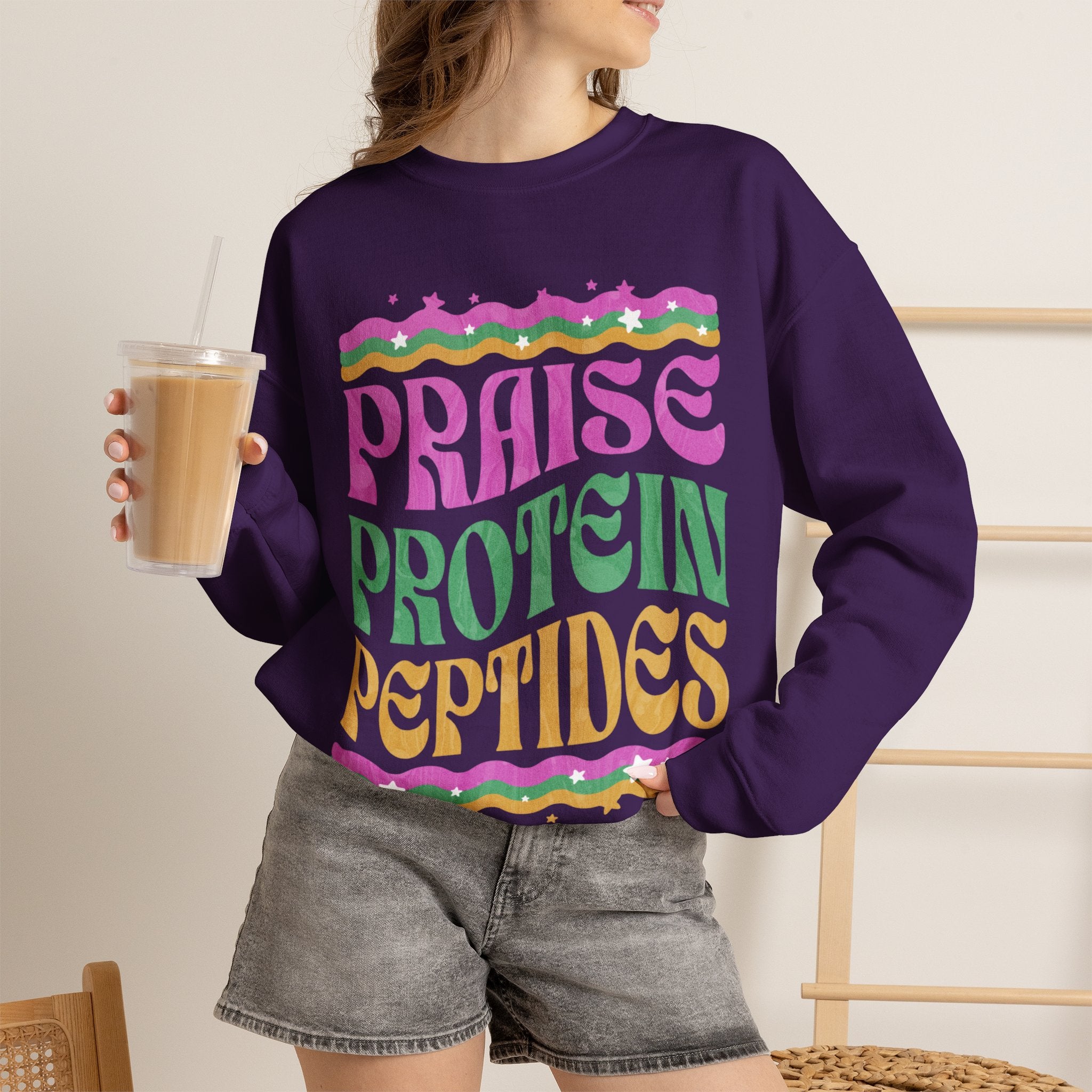 Made to Rise Crewneck Sweatshirt — Retro "Praise Protein Peptides" Graphic