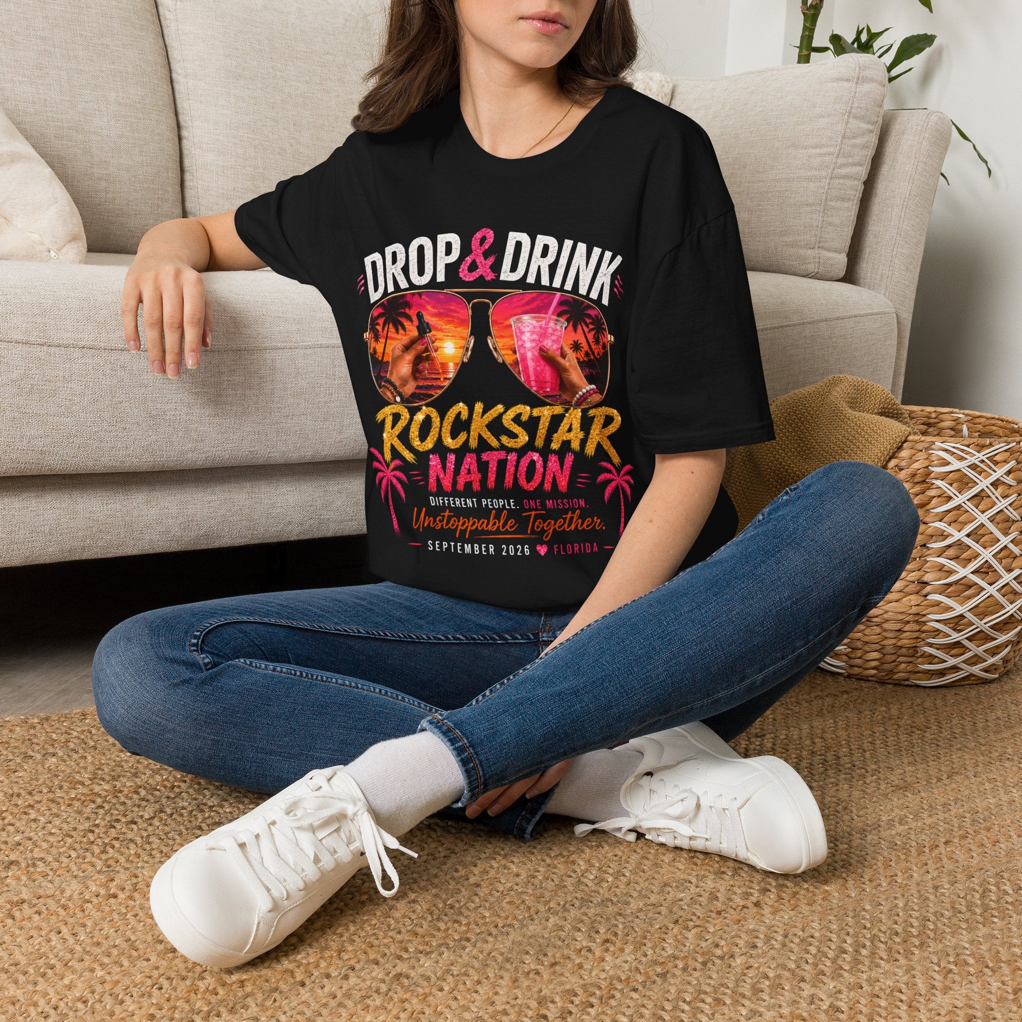T-Shirt — Drop & Drink Club Florida Retro Palm Sunset Graphic