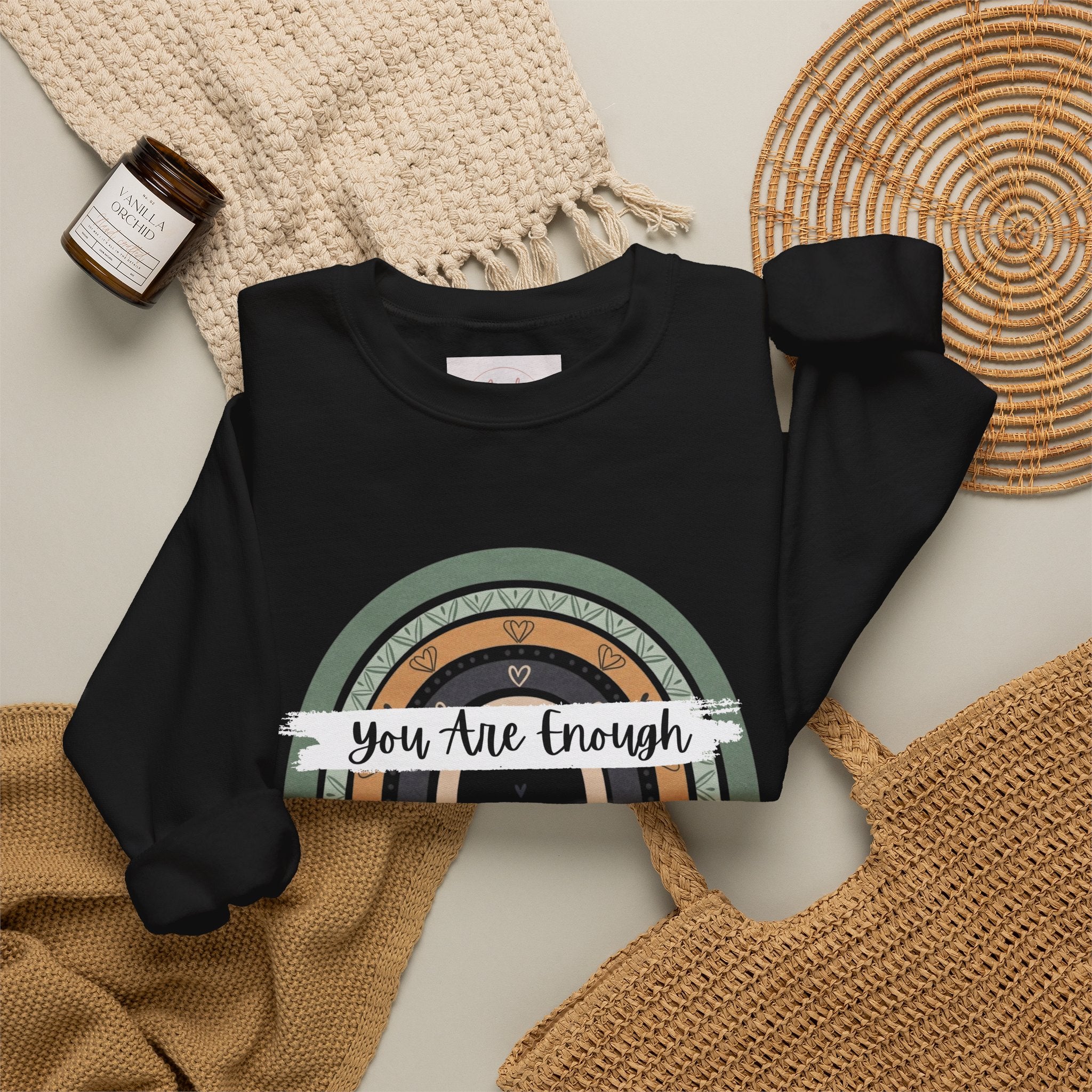 You Are Enough Sweatshirt, Mental Health Sweater, Boho Inspirational Sweatshirt, Rainbow Crewneck Sweatshirt, Cozy Crewneck Sweater