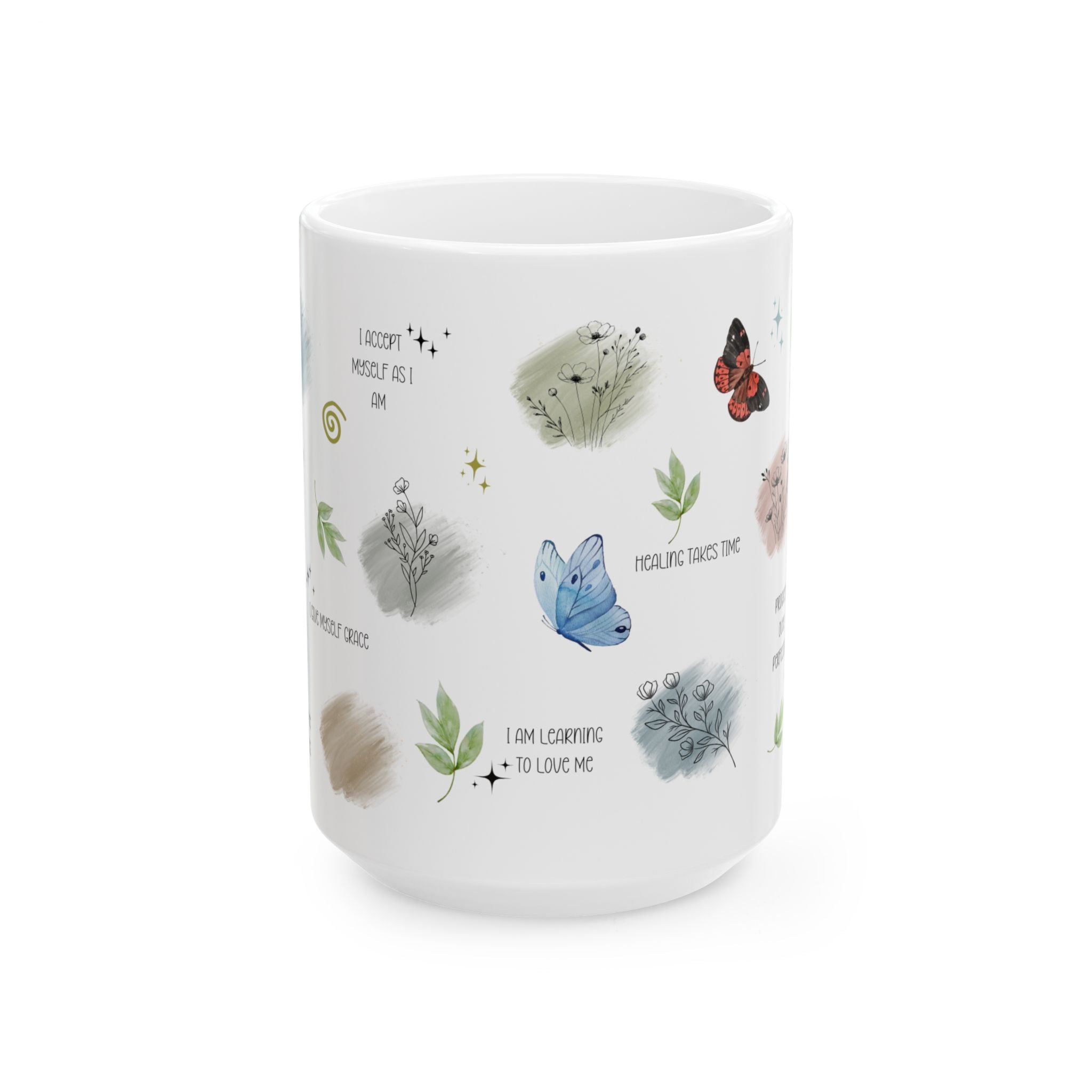 Butterflies and Botanicals Affirmations Mug Ceramic Coffee Cup Daily Reminders Gift Mental Health Awareness kitchen Gift for Her