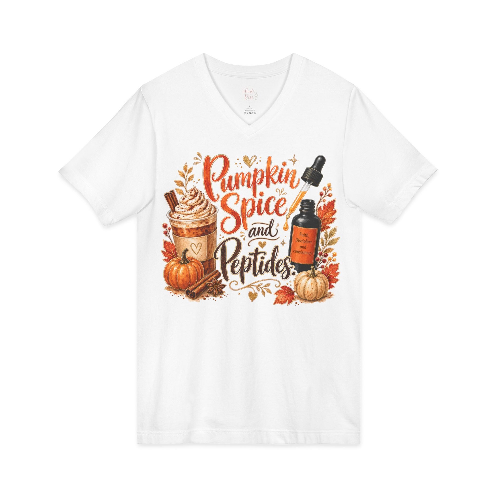 Pumpkin Spice and Peptides V-Neck Tee — Fall Skincare & Coffee Lover Shirt