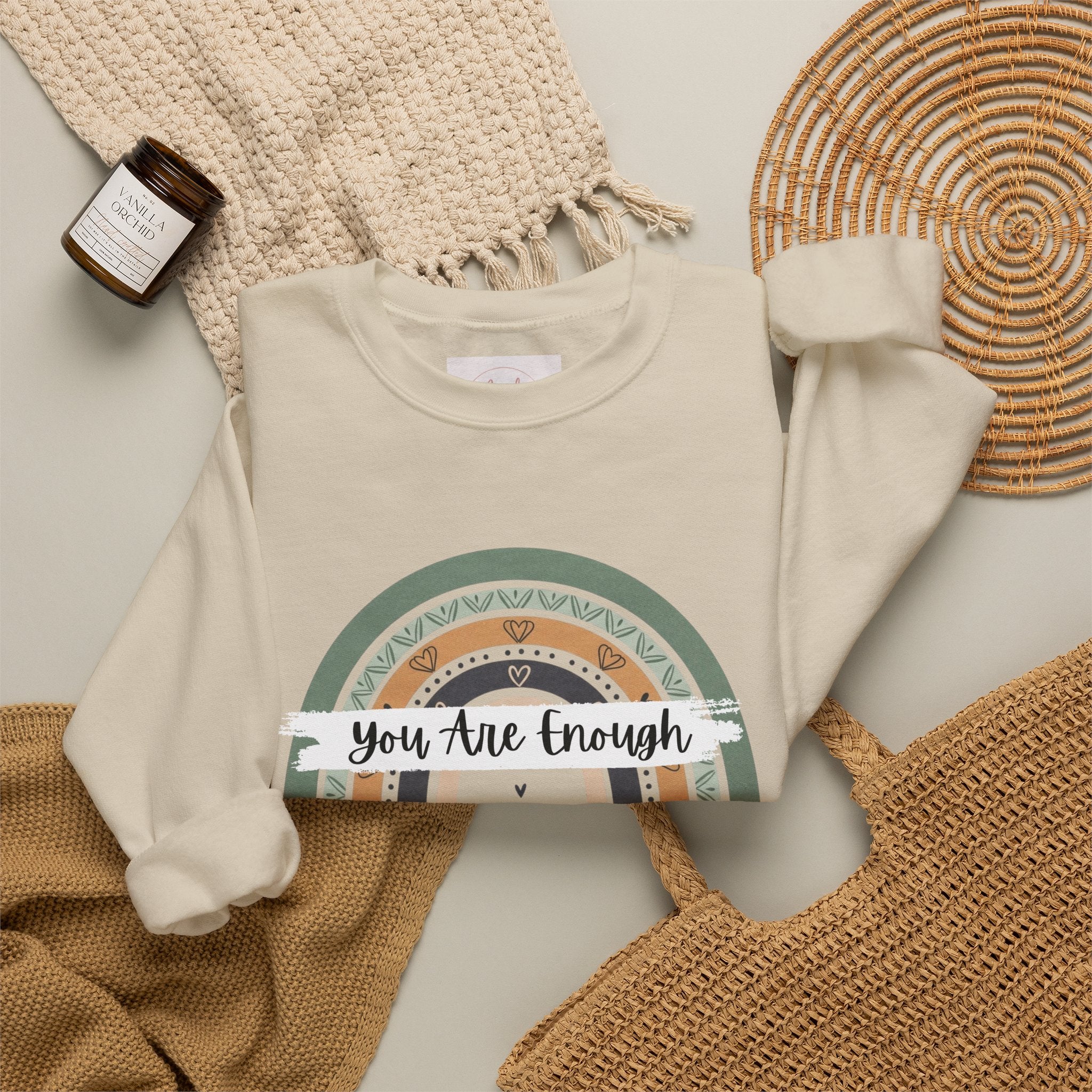 You Are Enough Sweatshirt, Mental Health Sweater, Boho Inspirational Sweatshirt, Rainbow Crewneck Sweatshirt, Cozy Crewneck Sweater