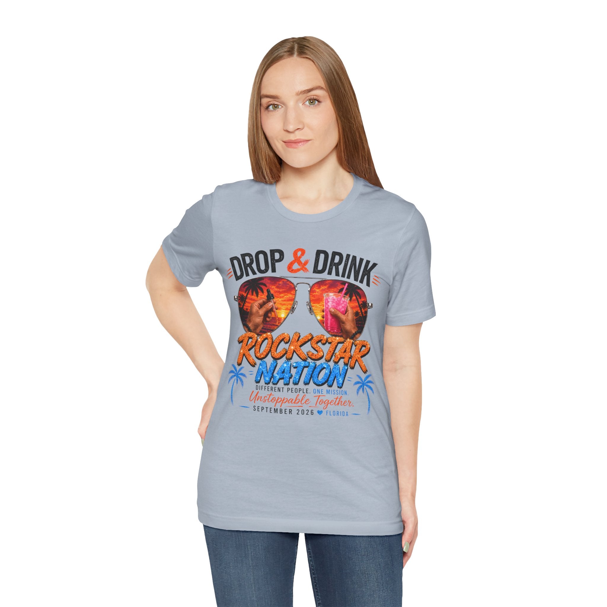 Team Drop & Drink Beach T‑Shirt – Most Likely to Change Lives Sunglasses Graphic