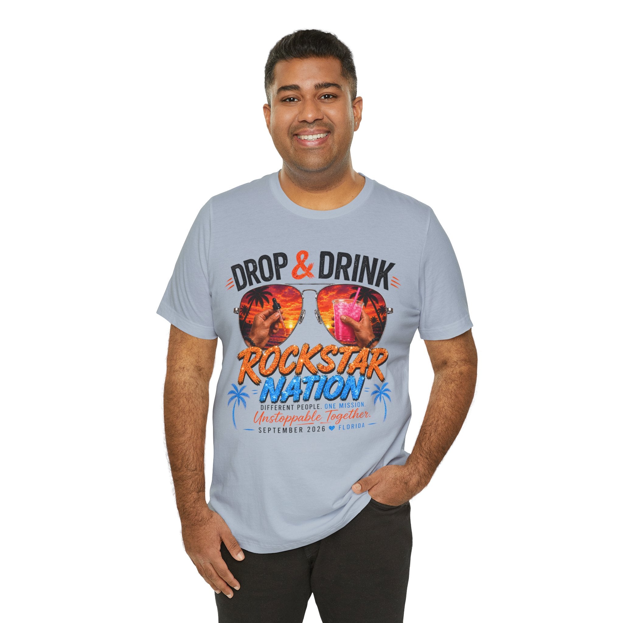 Team Drop & Drink Beach T‑Shirt – Most Likely to Change Lives Sunglasses Graphic